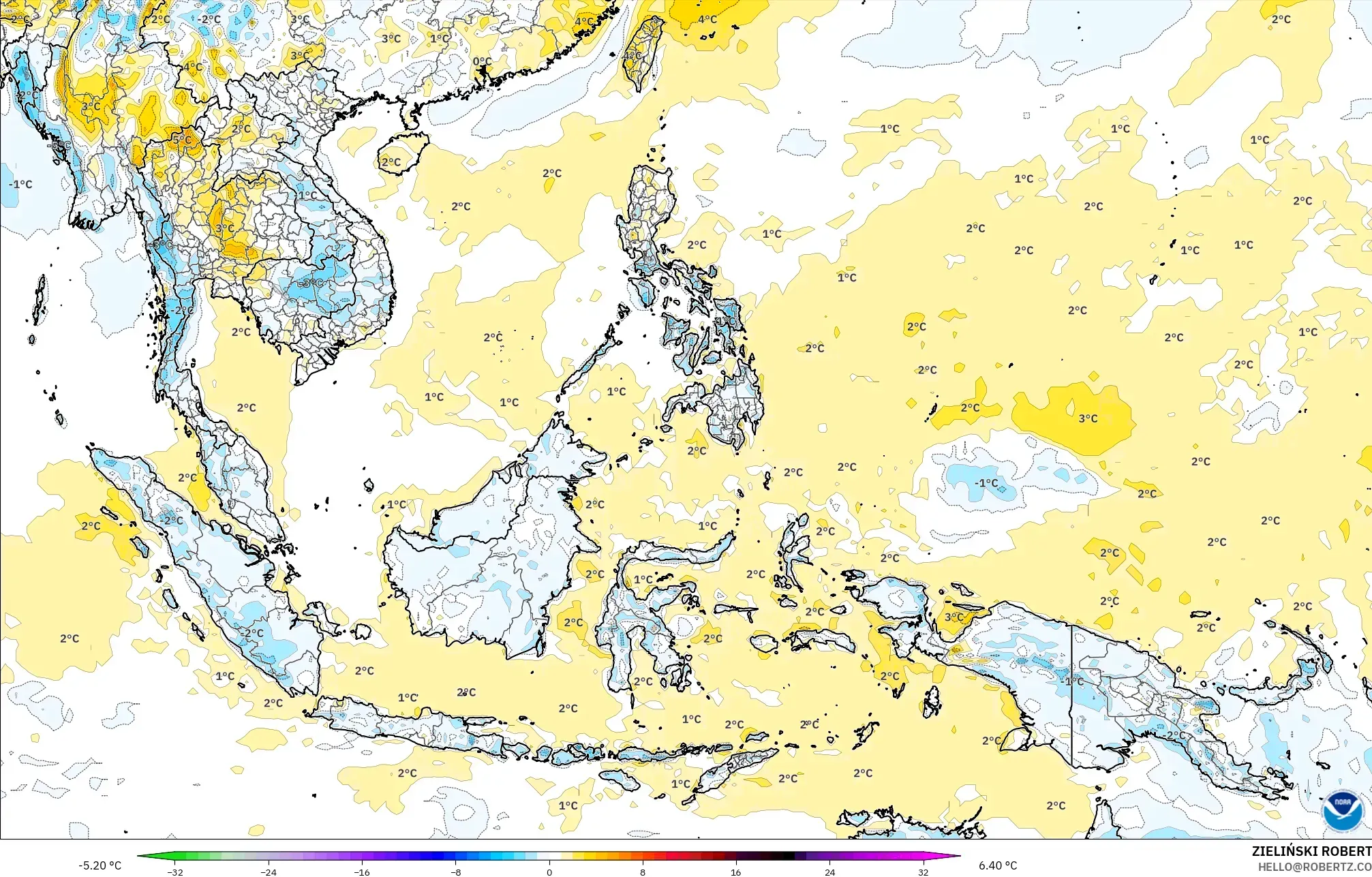 GFS モデル - 東南アジア, 気温異常（2m）