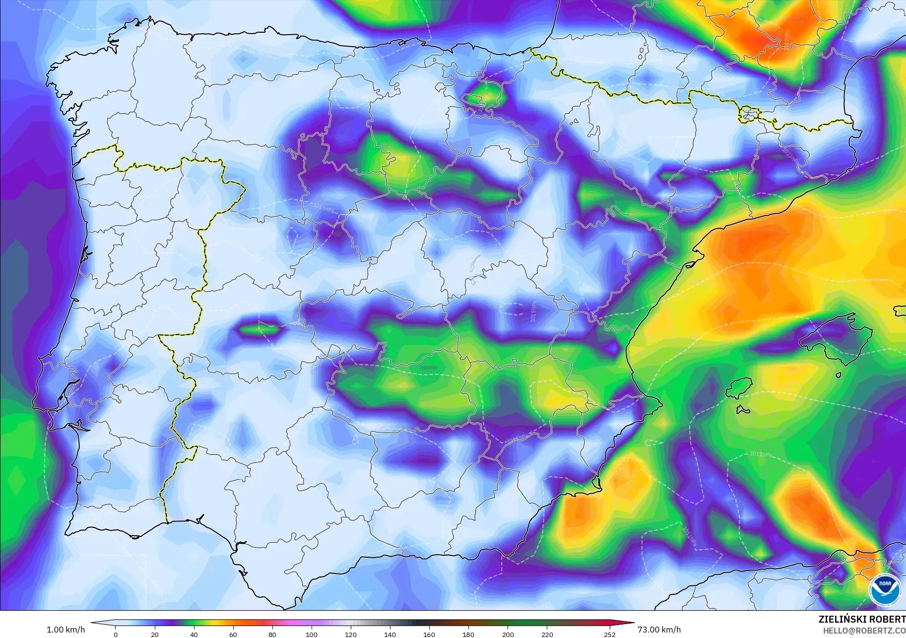 GFS モデル - スペイン, 突風