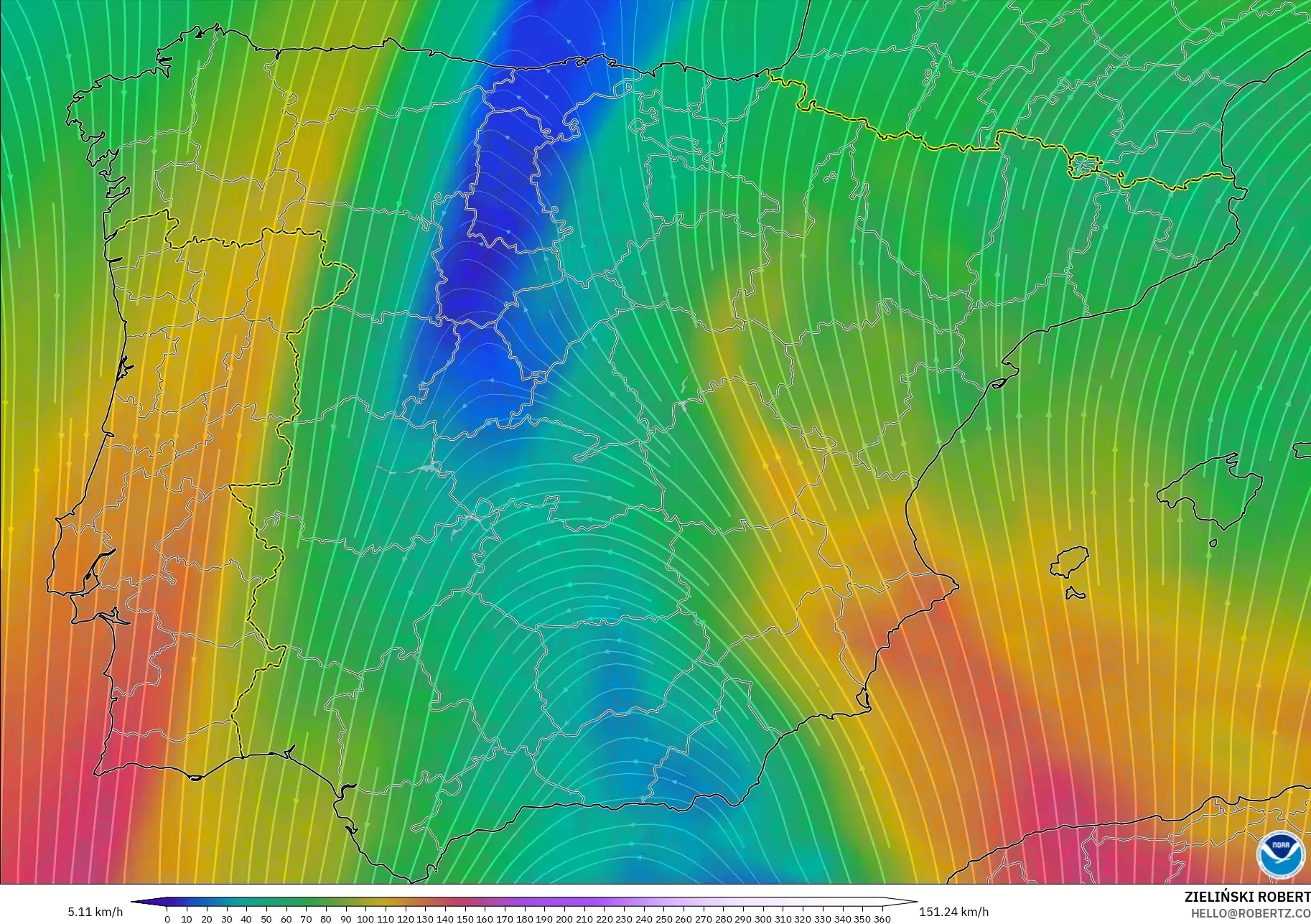 GFS モデル - スペイン, 風速（300hPa）