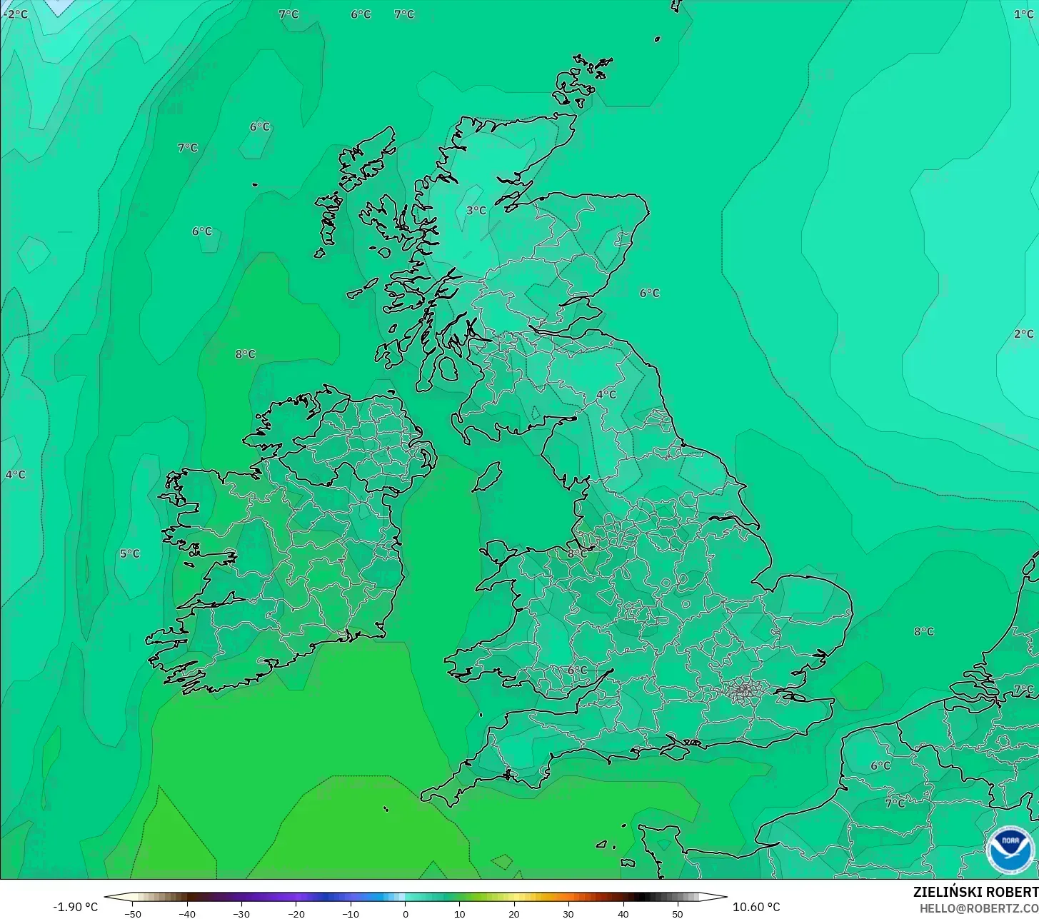 GFS モデル - イギリス, 露点温度（2m）