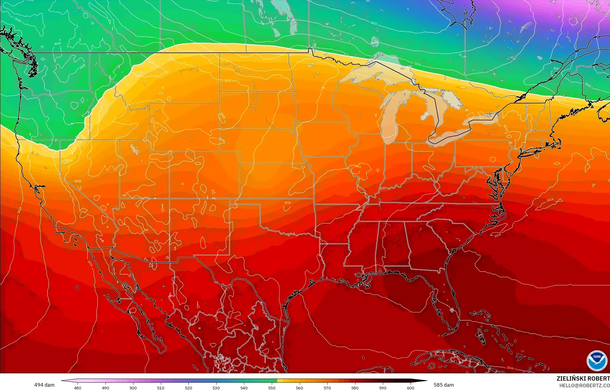 GFS モデル - アメリカ合衆国, 500hPaのジオポテンシャル高度