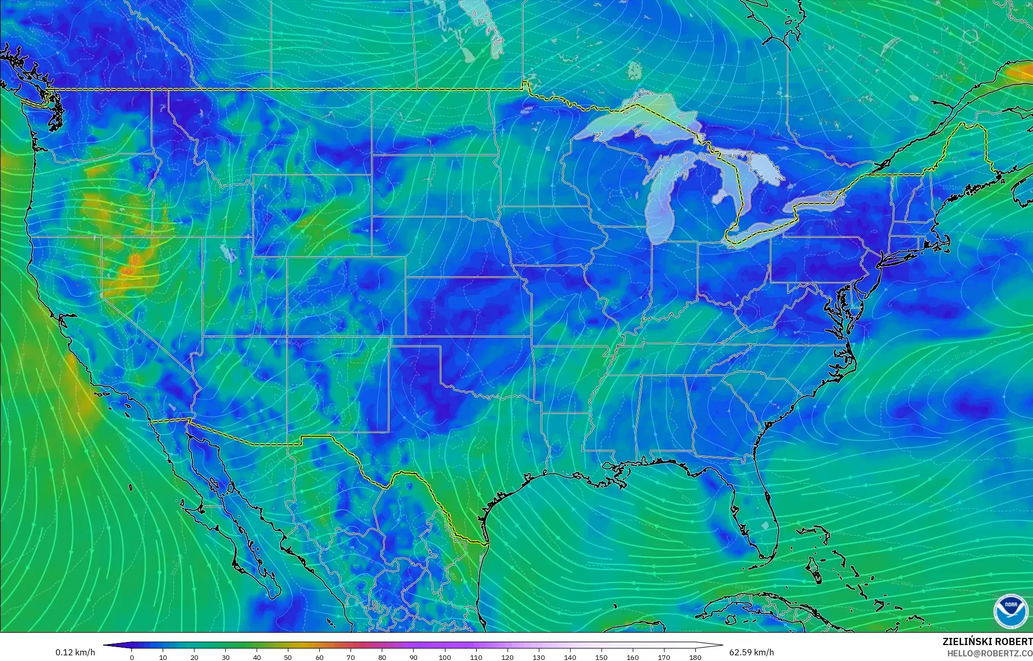GFS モデル - アメリカ合衆国, 風速（10m）
