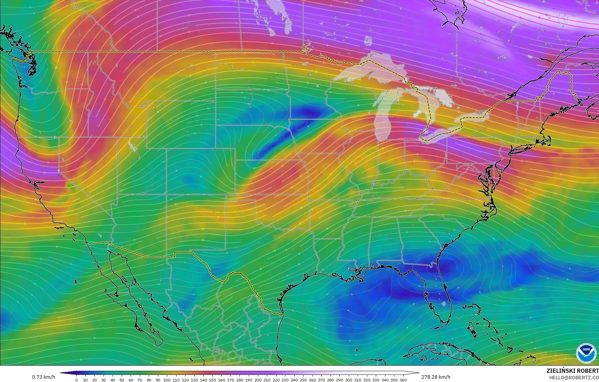 GFS モデル - アメリカ合衆国, 風速（300hPa）