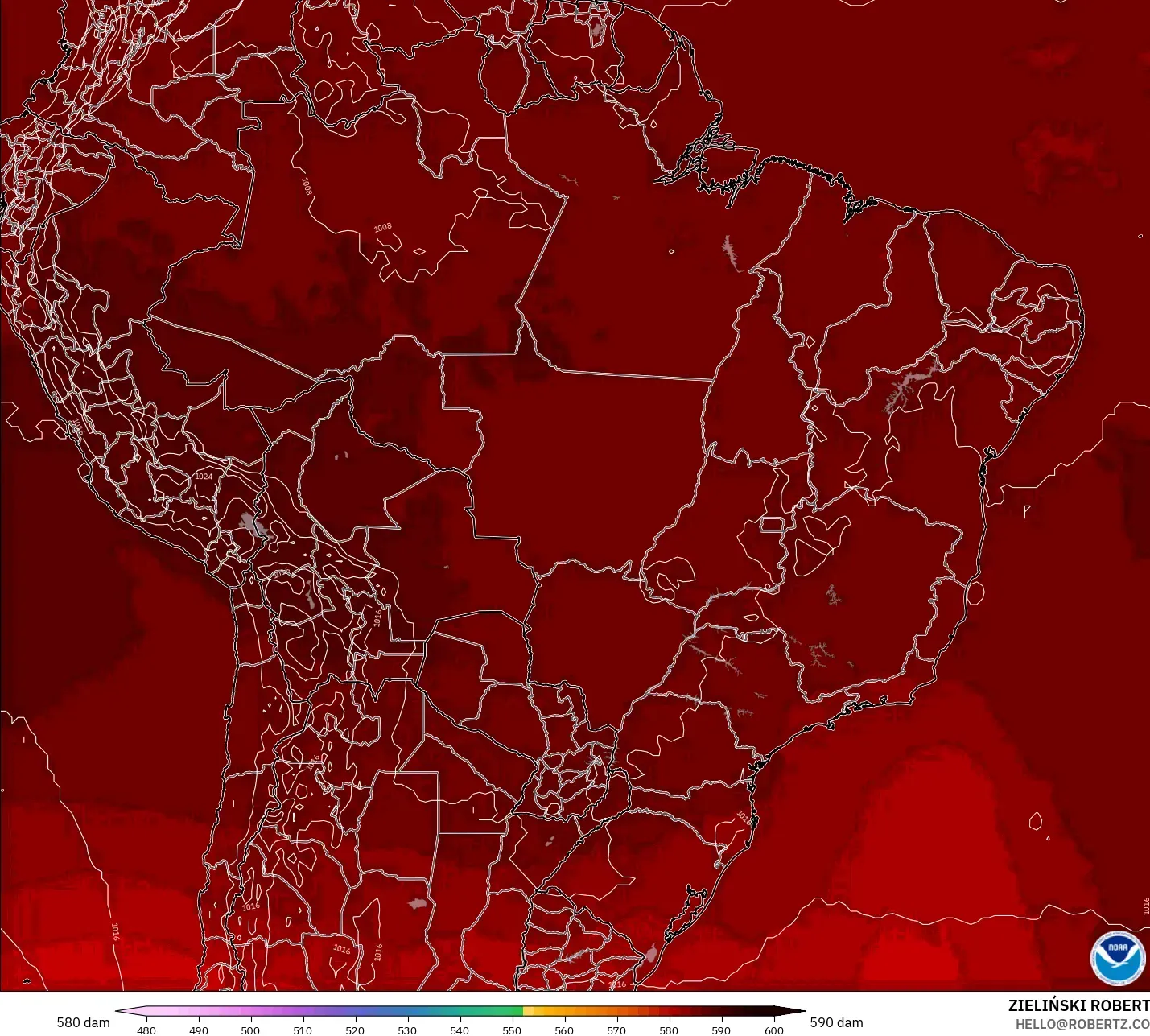 GFS モデル - ブラジル, 500hPaのジオポテンシャル高度