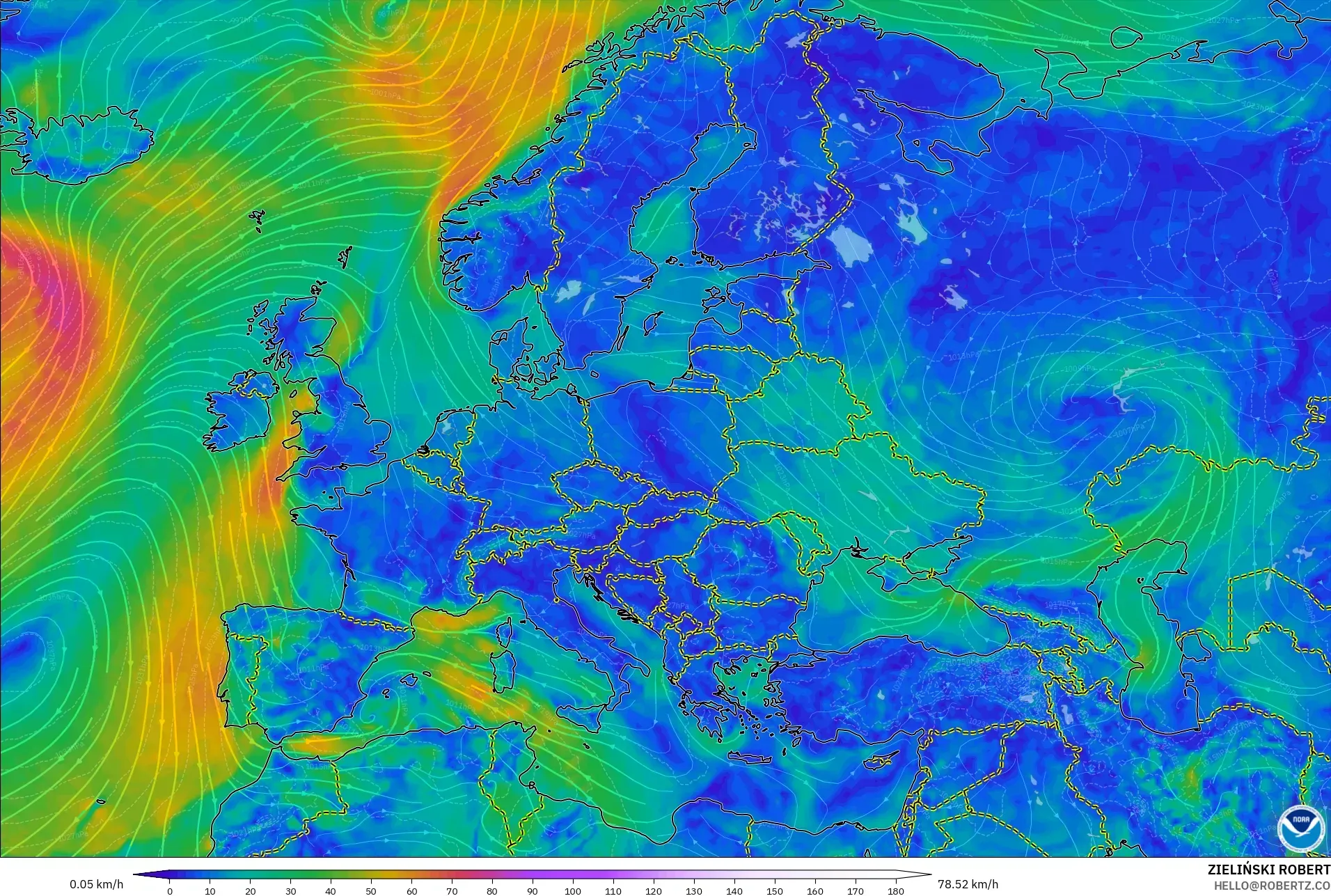 GFS モデル - ヨーロッパ, 風速（10m）