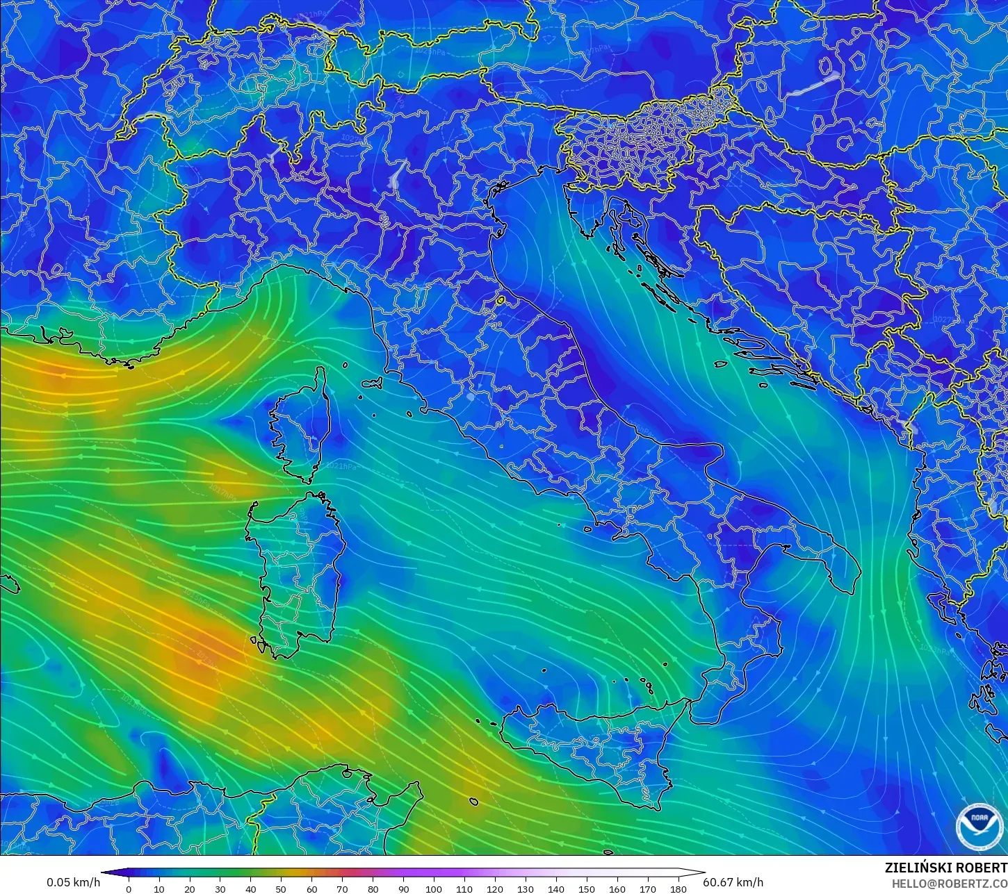 GFS モデル - イタリア, 風速（10m）