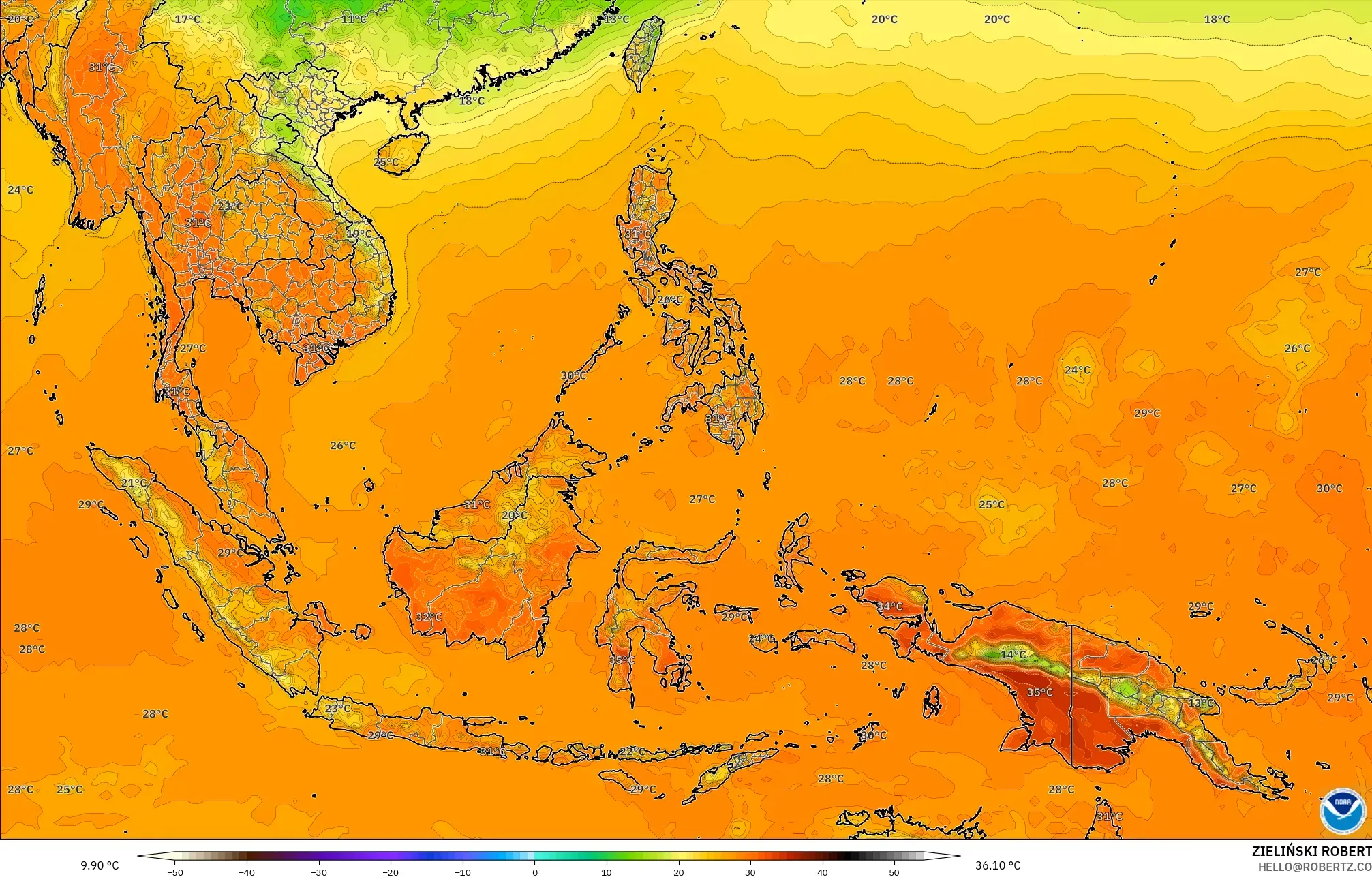 GFS モデル - 東南アジア, 気温（2m）