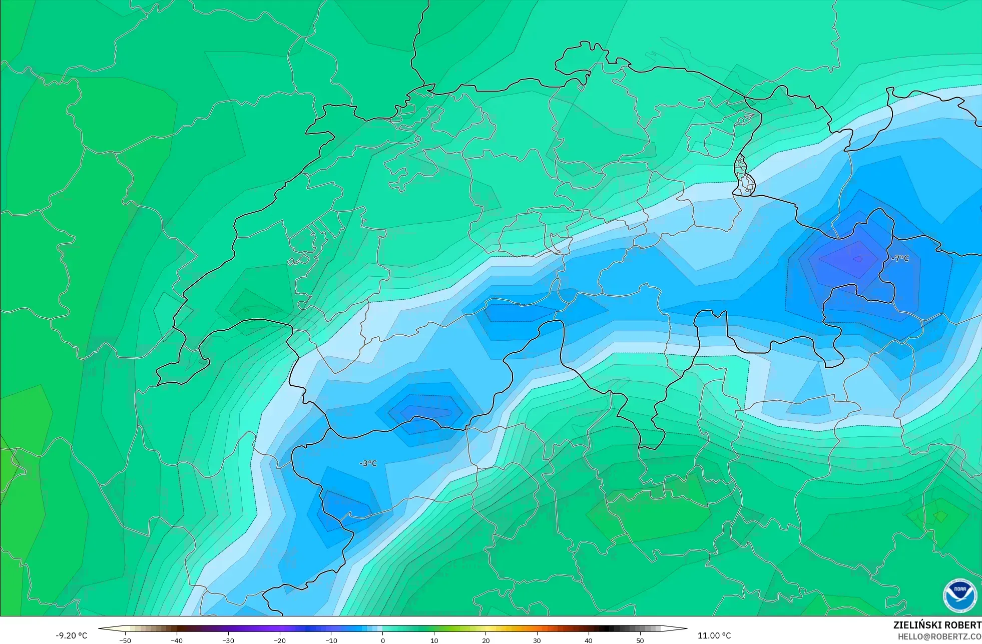 GFS モデル - スイス, 気温（2m）