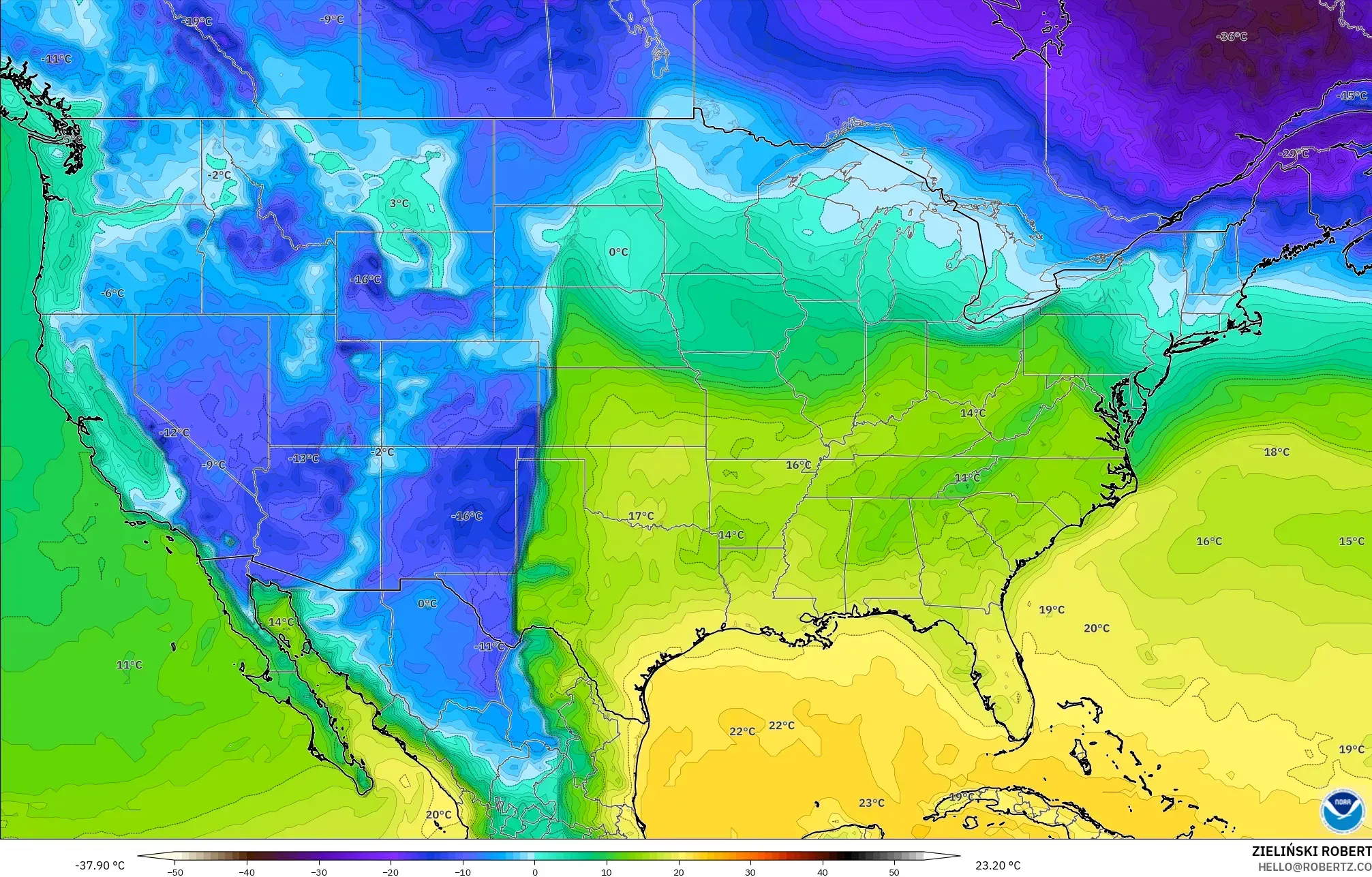 GFS モデル - アメリカ合衆国, 露点温度（2m）