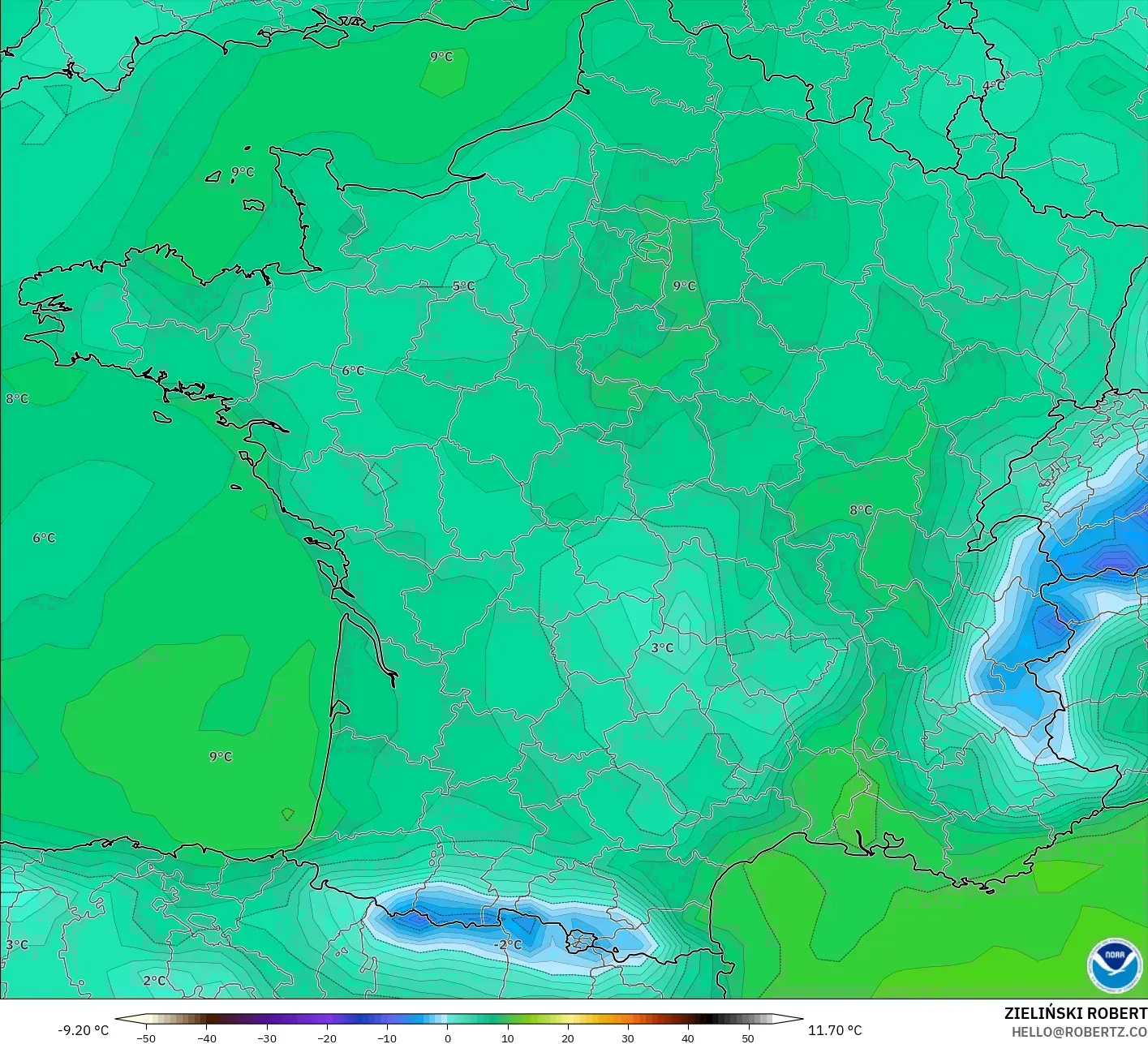 GFS モデル - フランス, 露点温度（2m）
