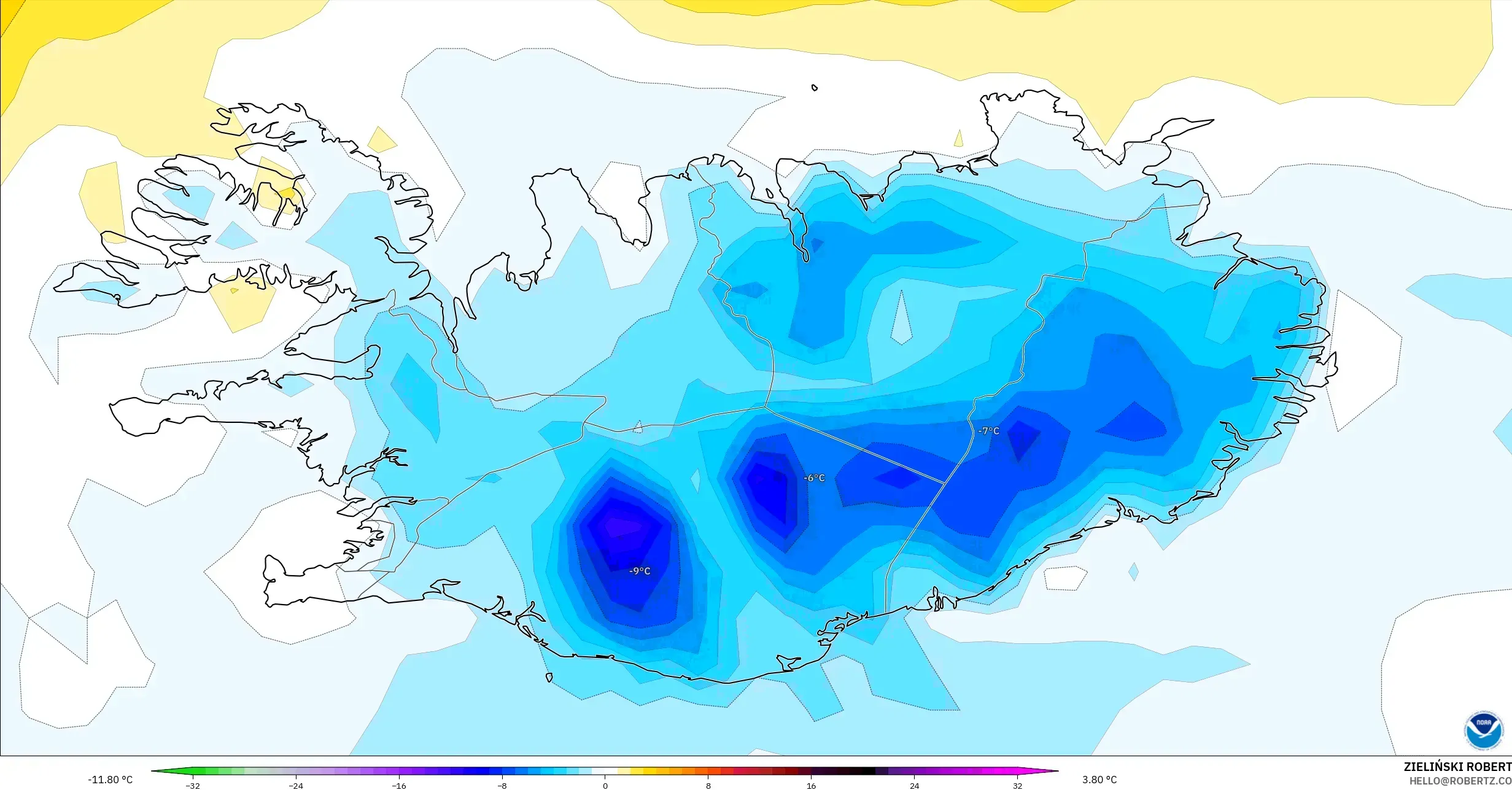 GFS モデル - アイスランド, 気温異常（2m）