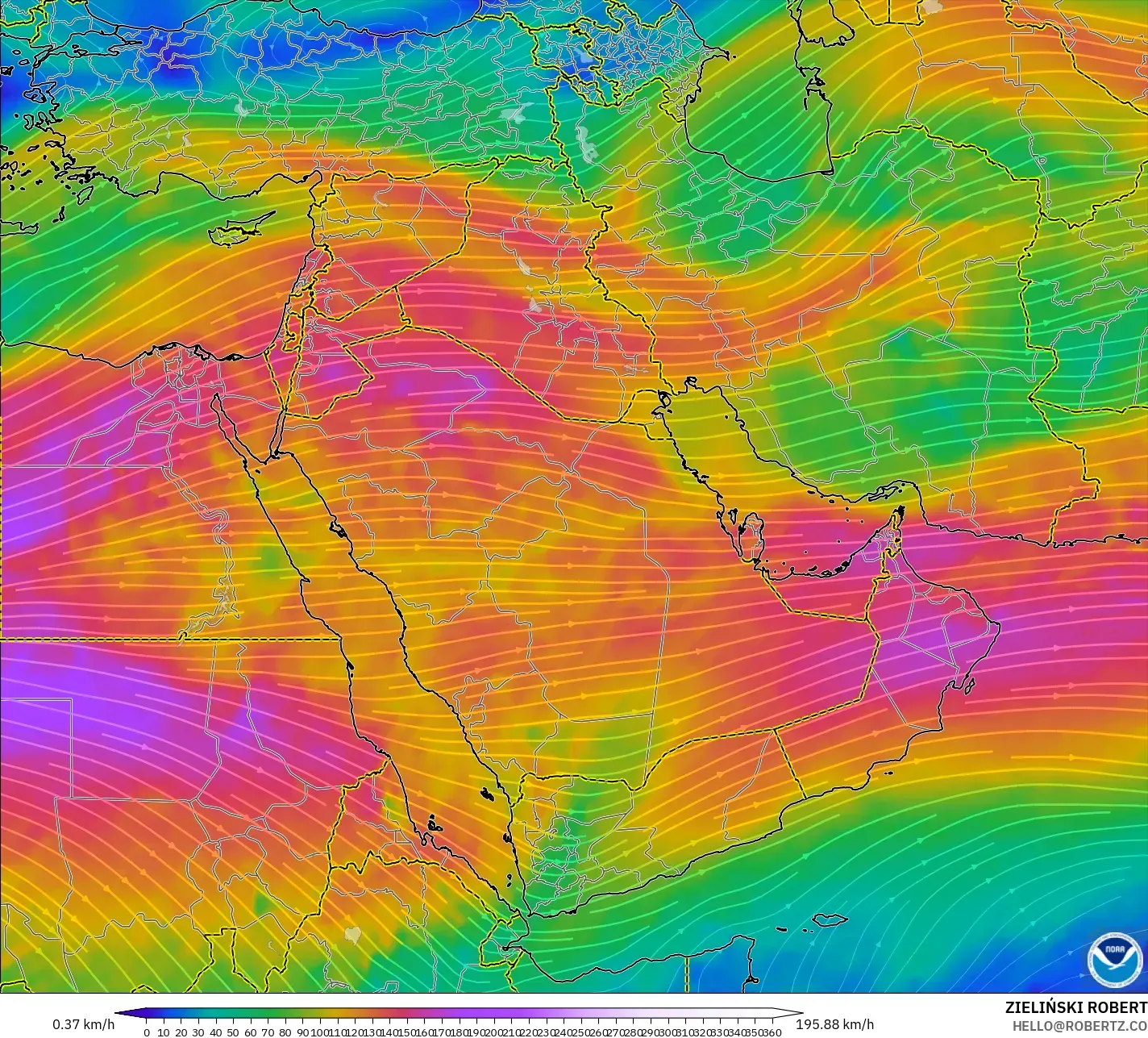 GFS モデル - 中東, 風速（300hPa）