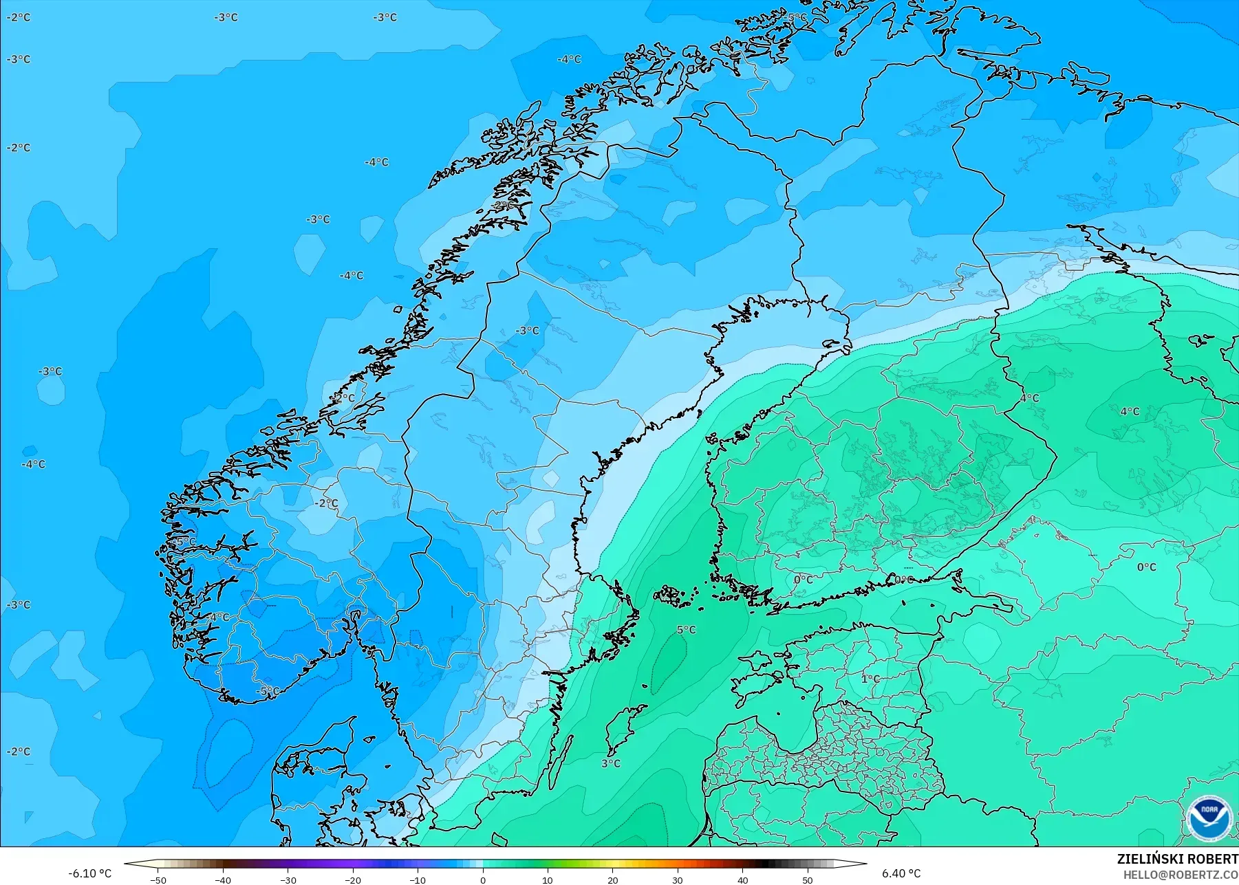 GFS モデル - スカンジナビア, 気温（850hPa）