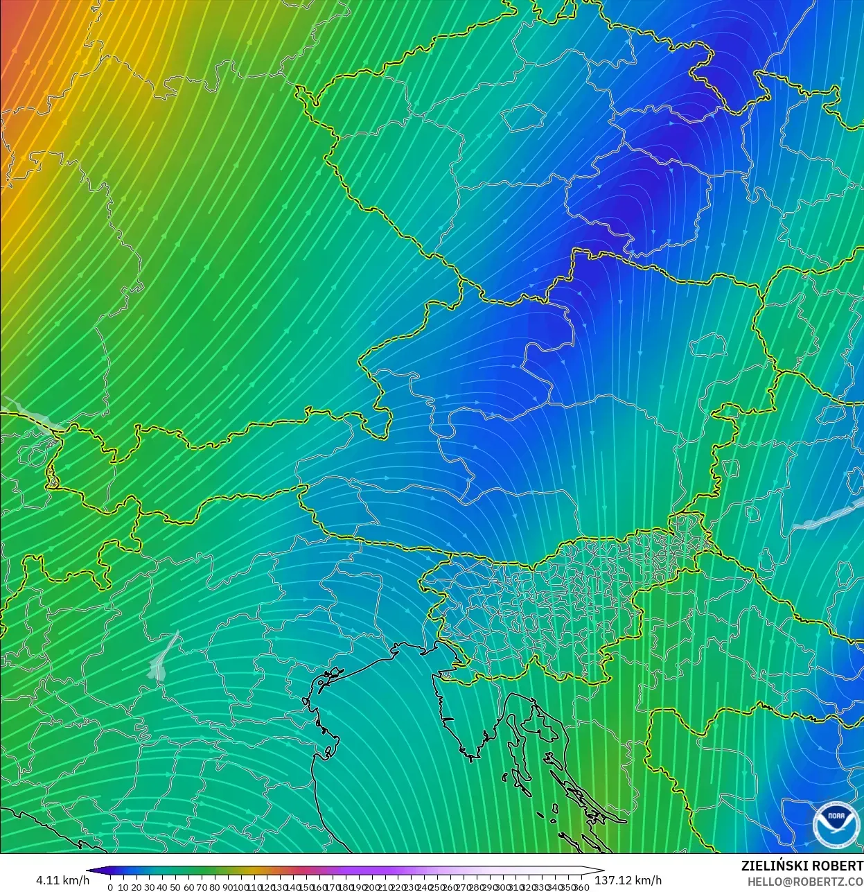 GFS モデル - オーストリア, 風速（300hPa）