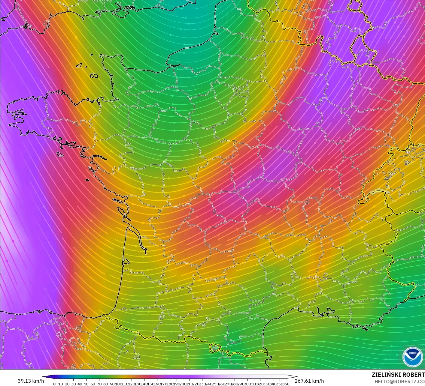 GFS モデル - フランス, 風速（300hPa）