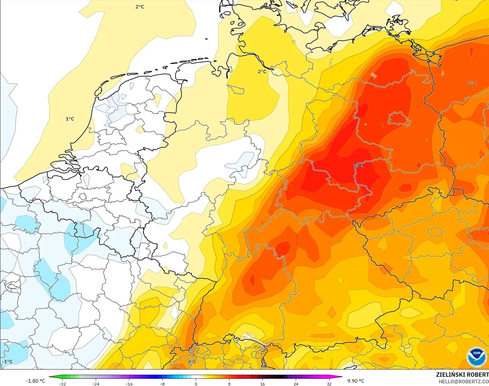 GFS モデル - ドイツ, 気温異常（2m）
