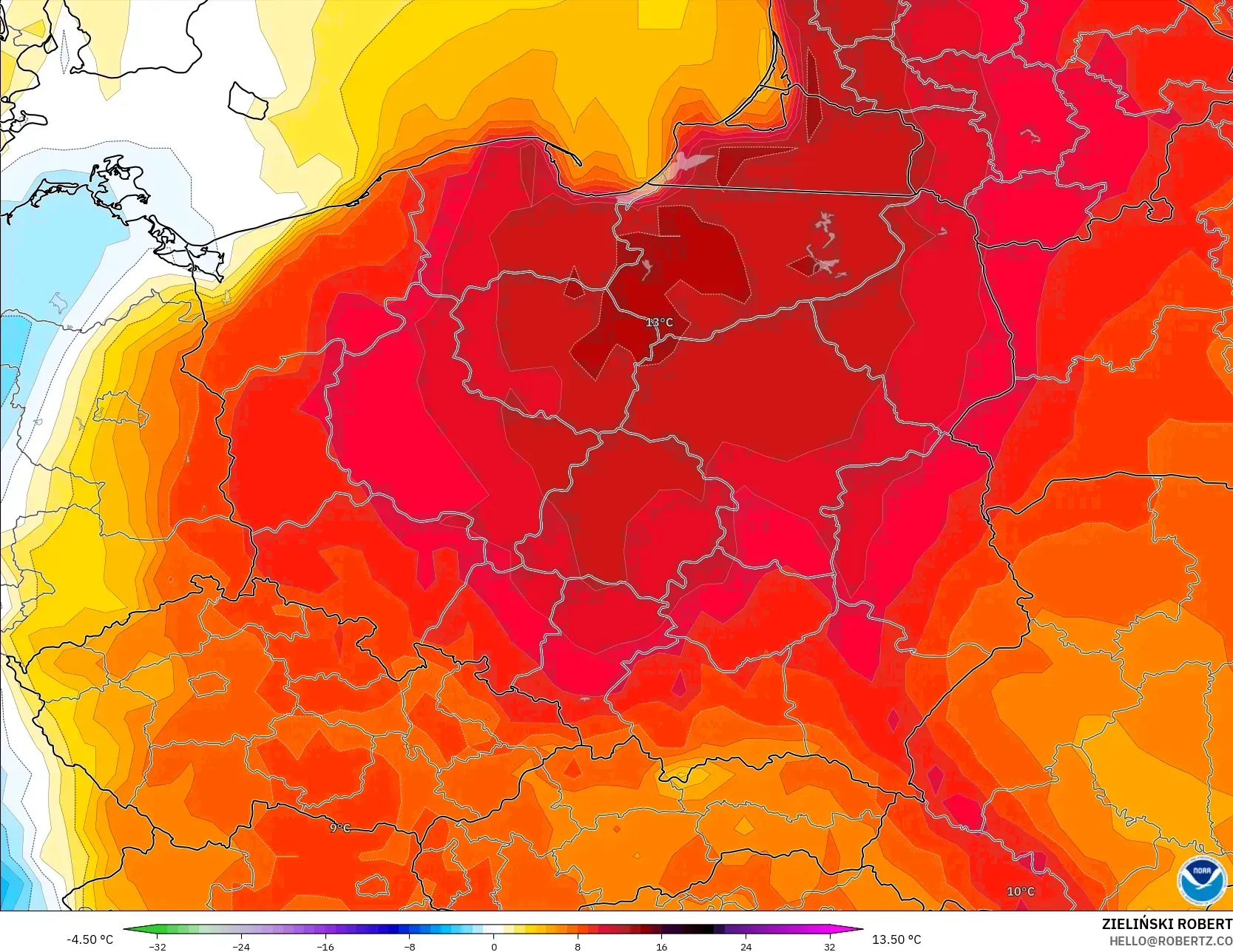 GFS モデル - ポーランド, 気温異常（2m）