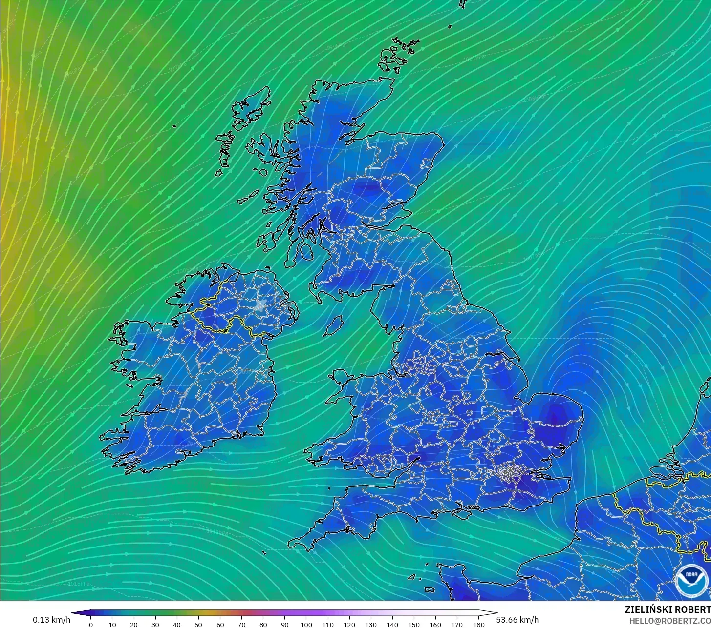 GFS モデル - イギリス, 風速（10m）