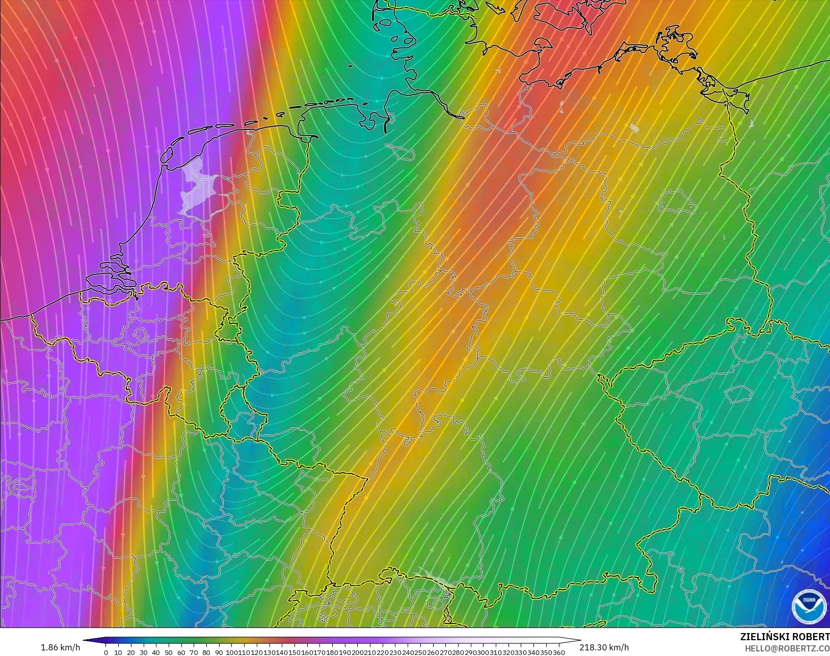 GFS モデル - ドイツ, 風速（300hPa）