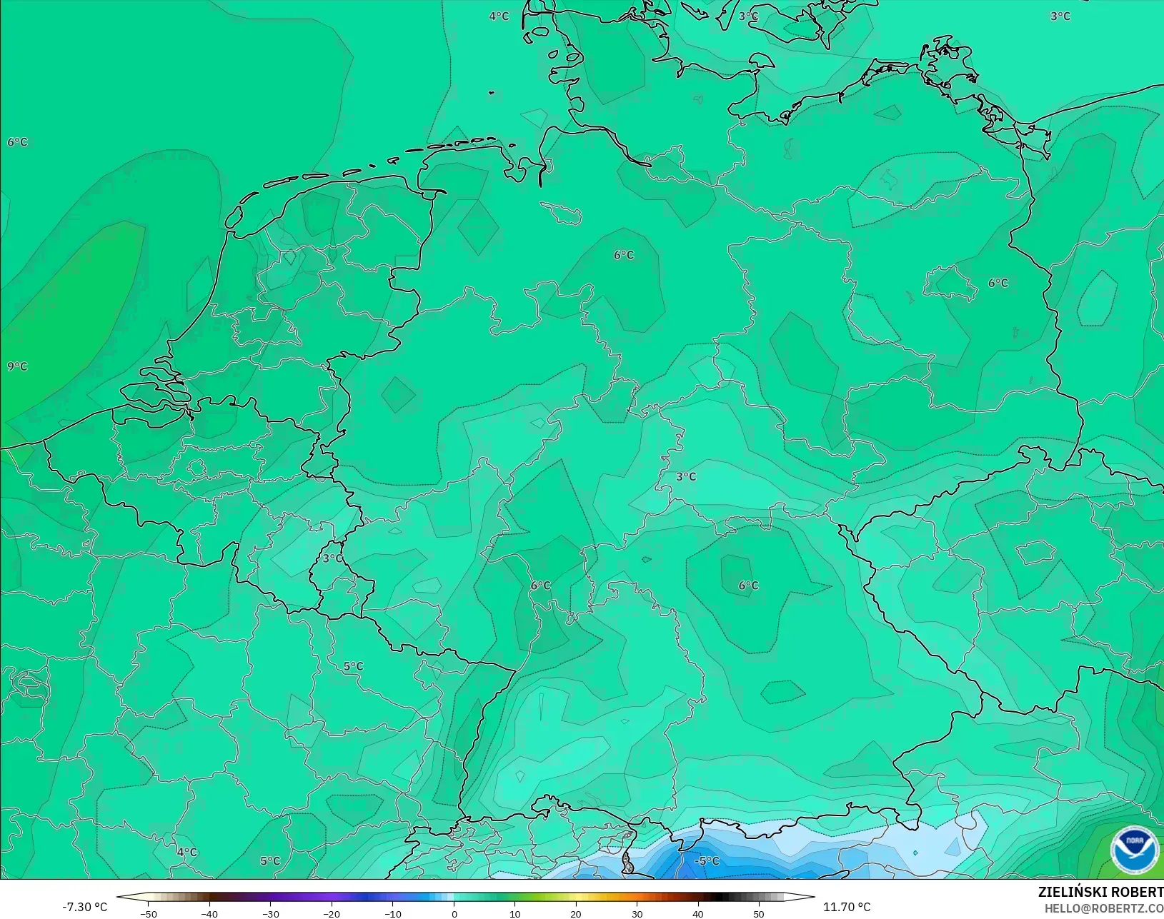 GFS モデル - ドイツ, 気温（2m）