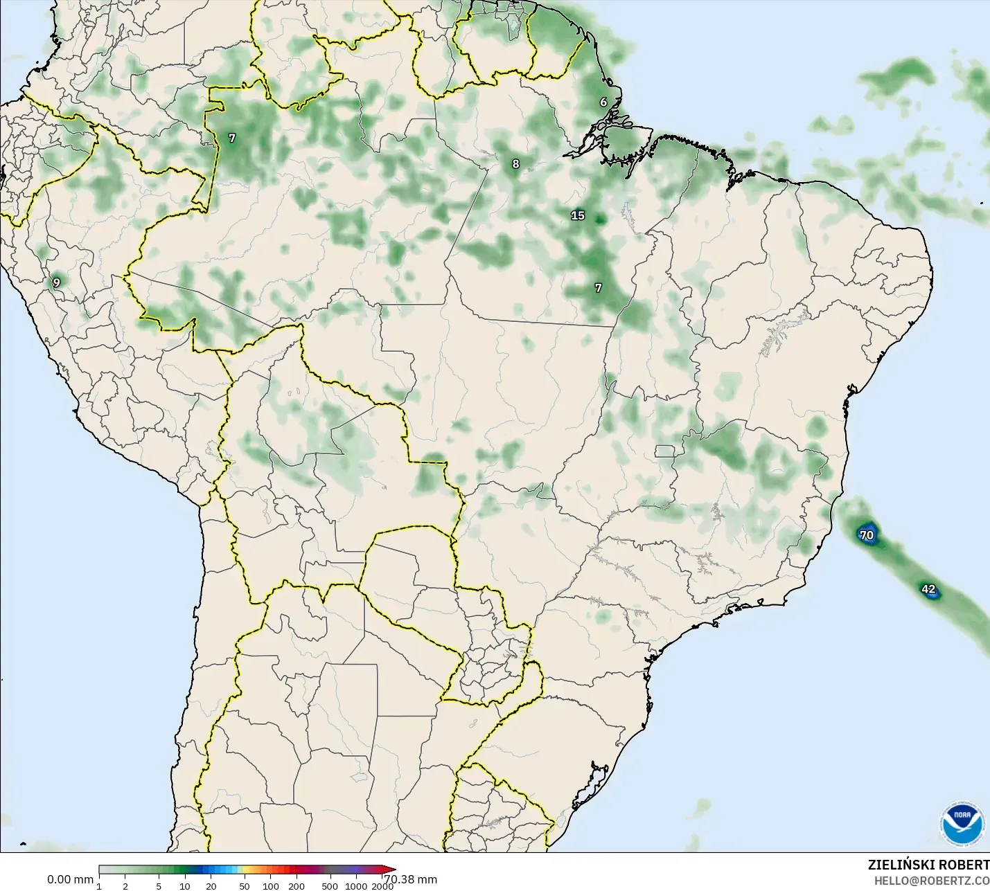 GFS モデル - ブラジル, 降水量の合計