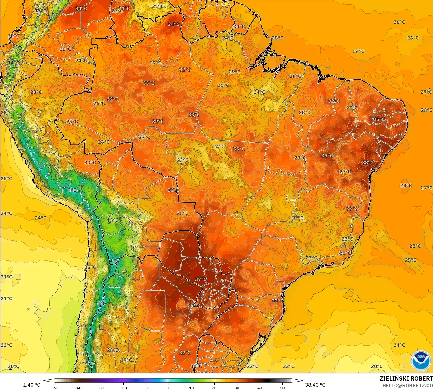 GFS モデル - ブラジル, 気温（2m）