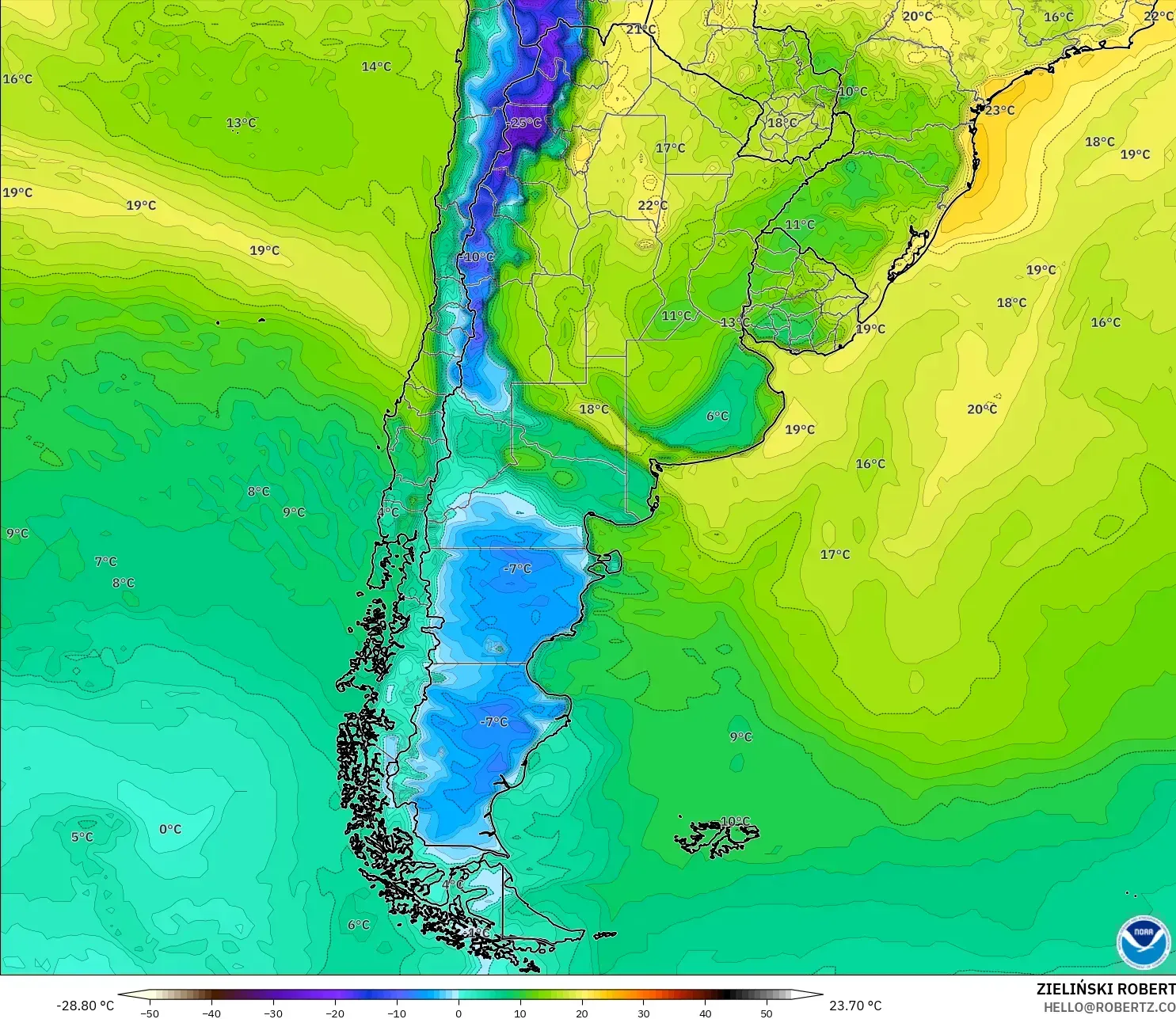 GFS モデル - アルゼンチン, 露点温度（2m）