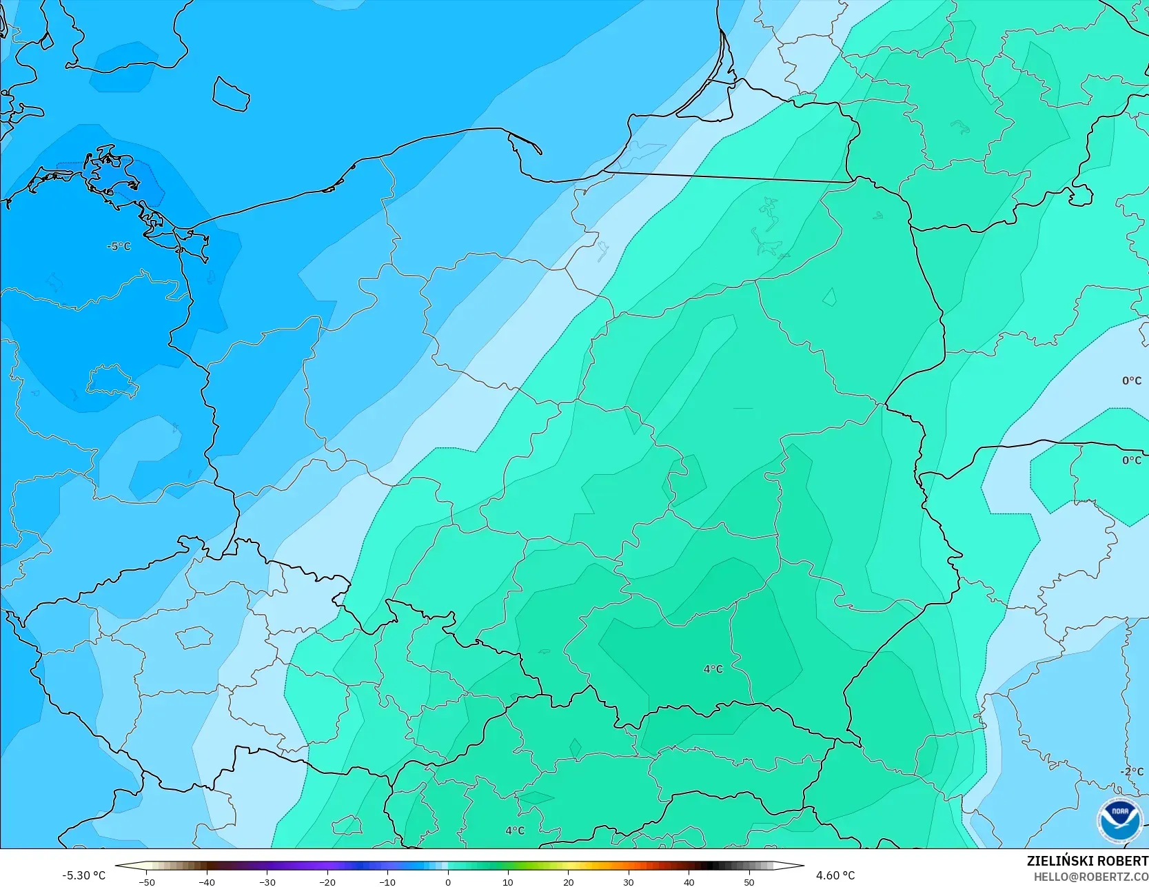 GFS モデル - ポーランド, 気温（850hPa）