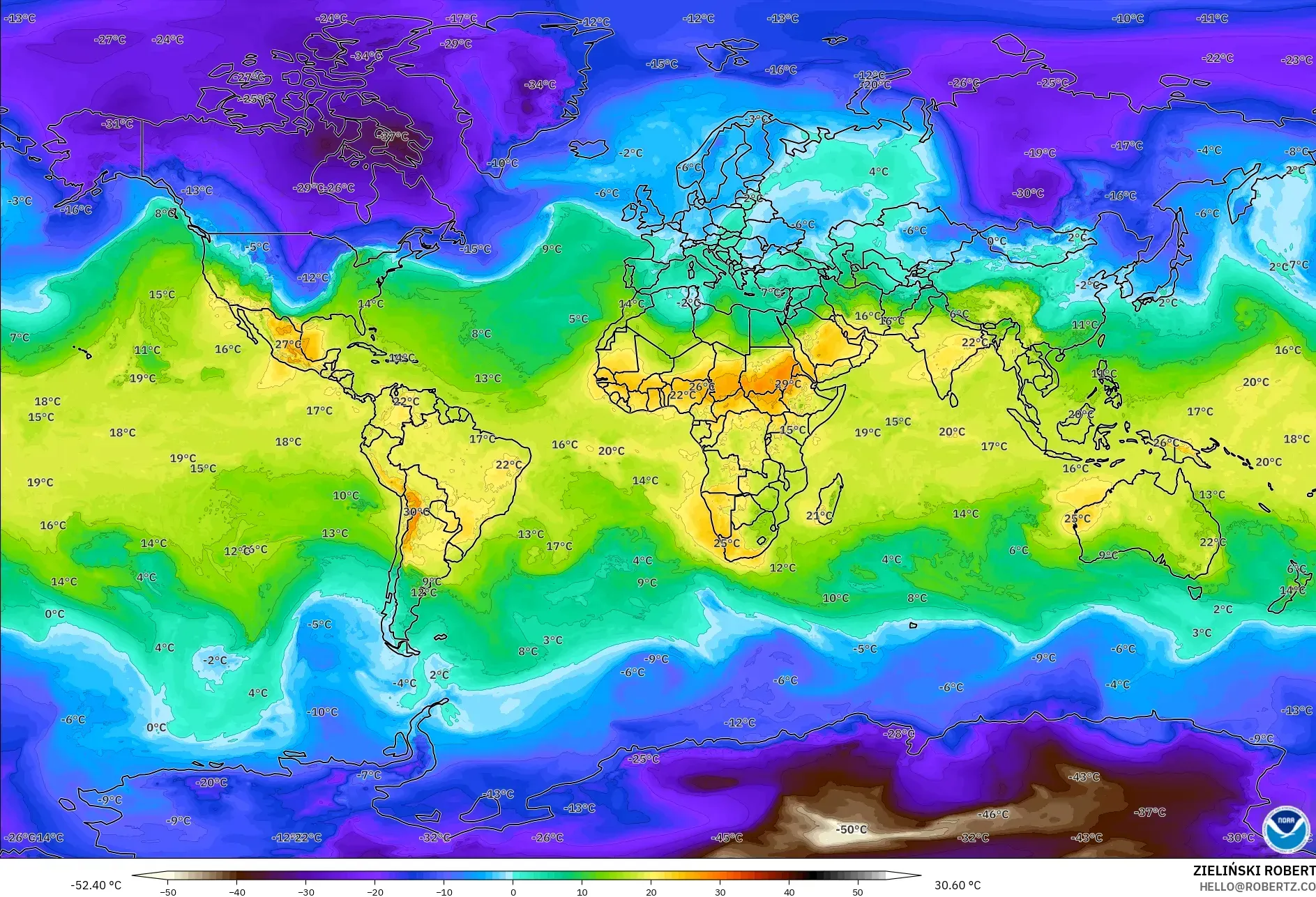 GFS モデル - 世界, 気温（850hPa）