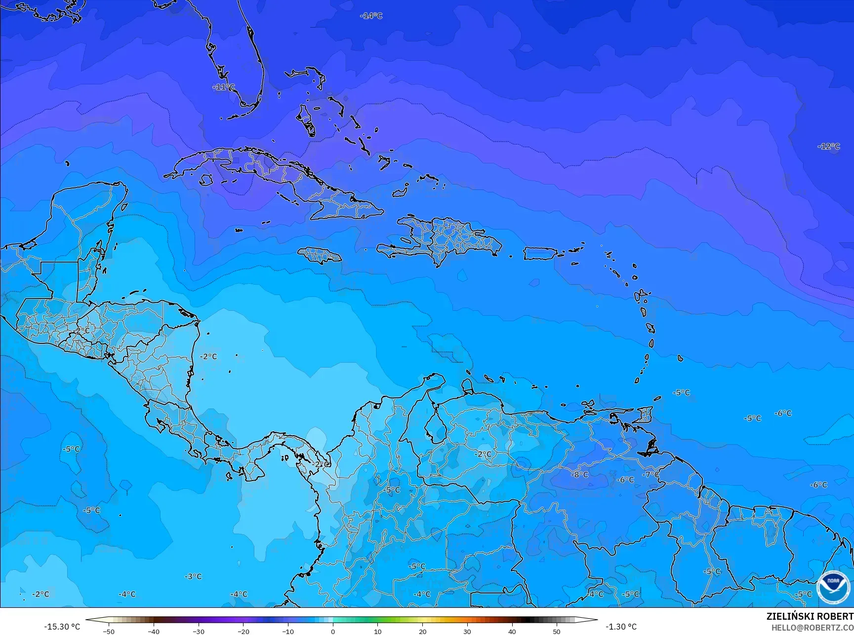 GFS モデル - カリブ海, 気温（500hPa）