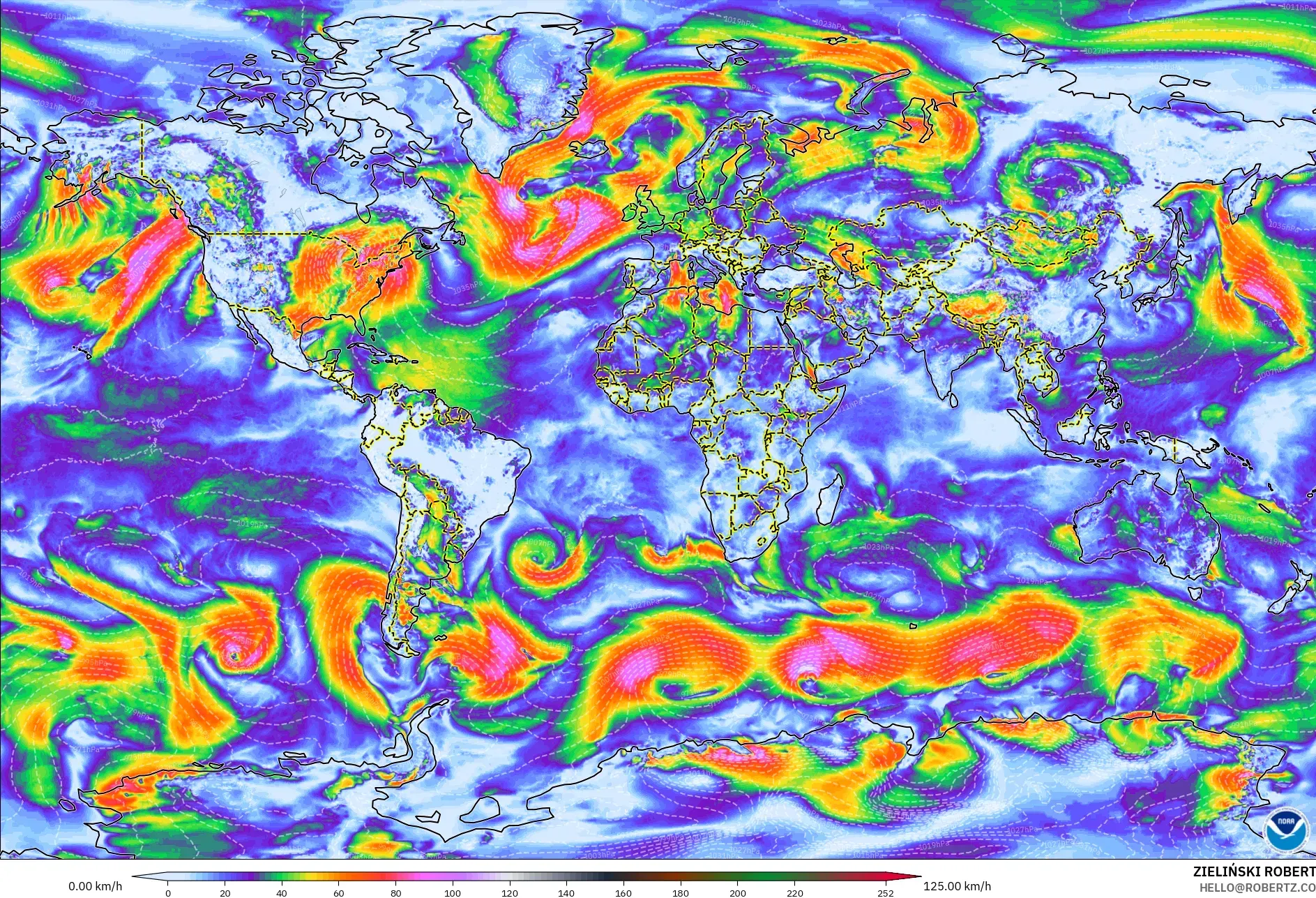 GFS モデル - 世界, 突風（最大）