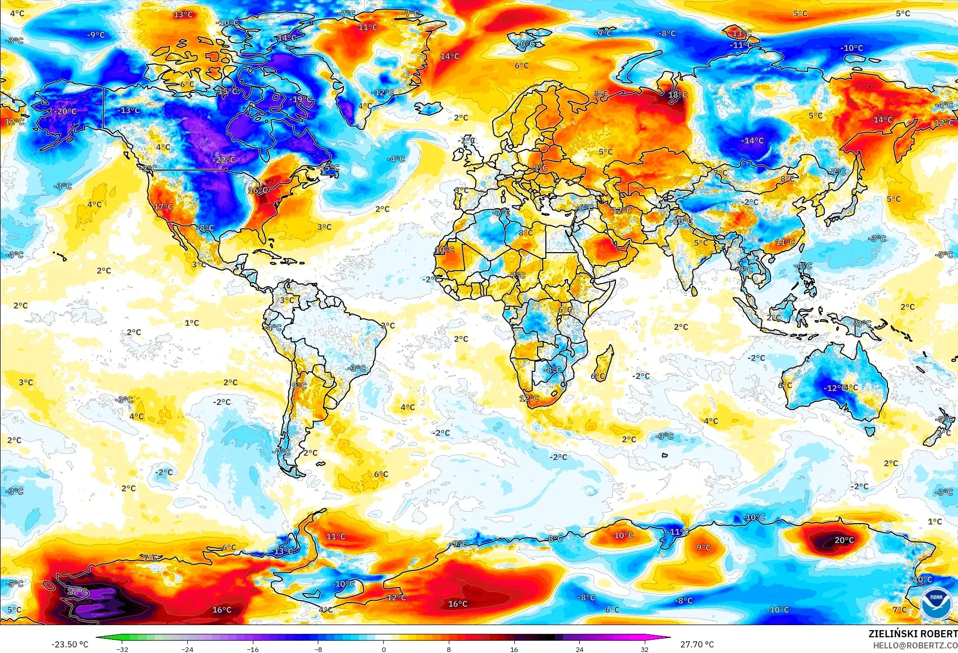 GFS モデル - 世界, 気温異常（2m）