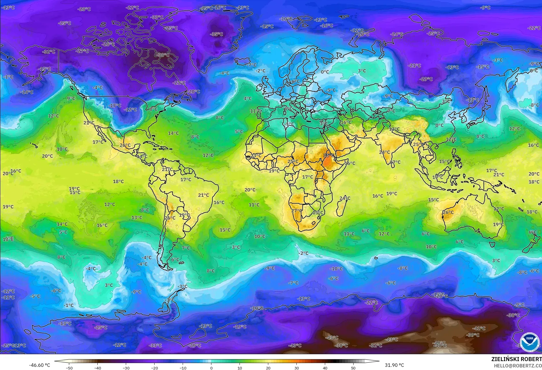 GFS モデル - 世界, 気温（850hPa）
