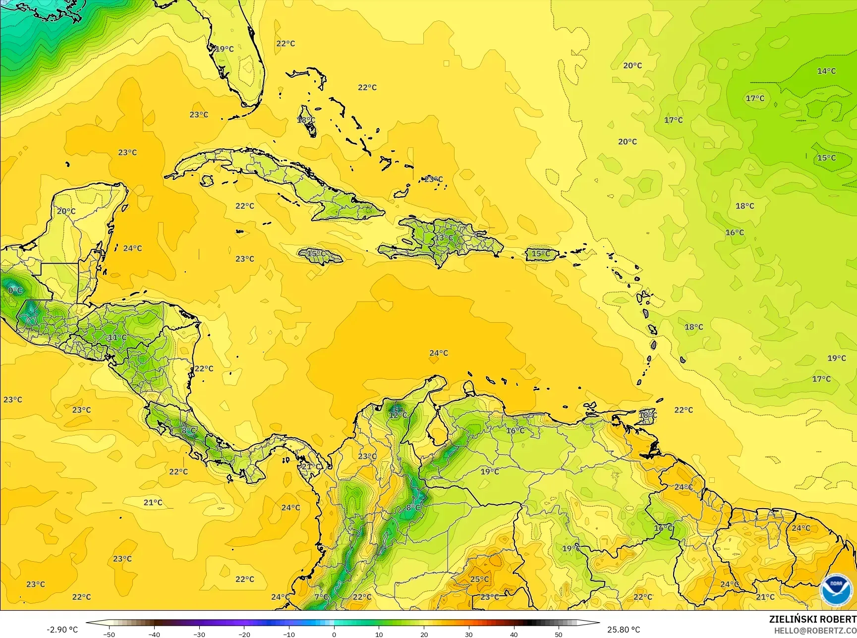 GFS モデル - カリブ海, 露点温度（2m）
