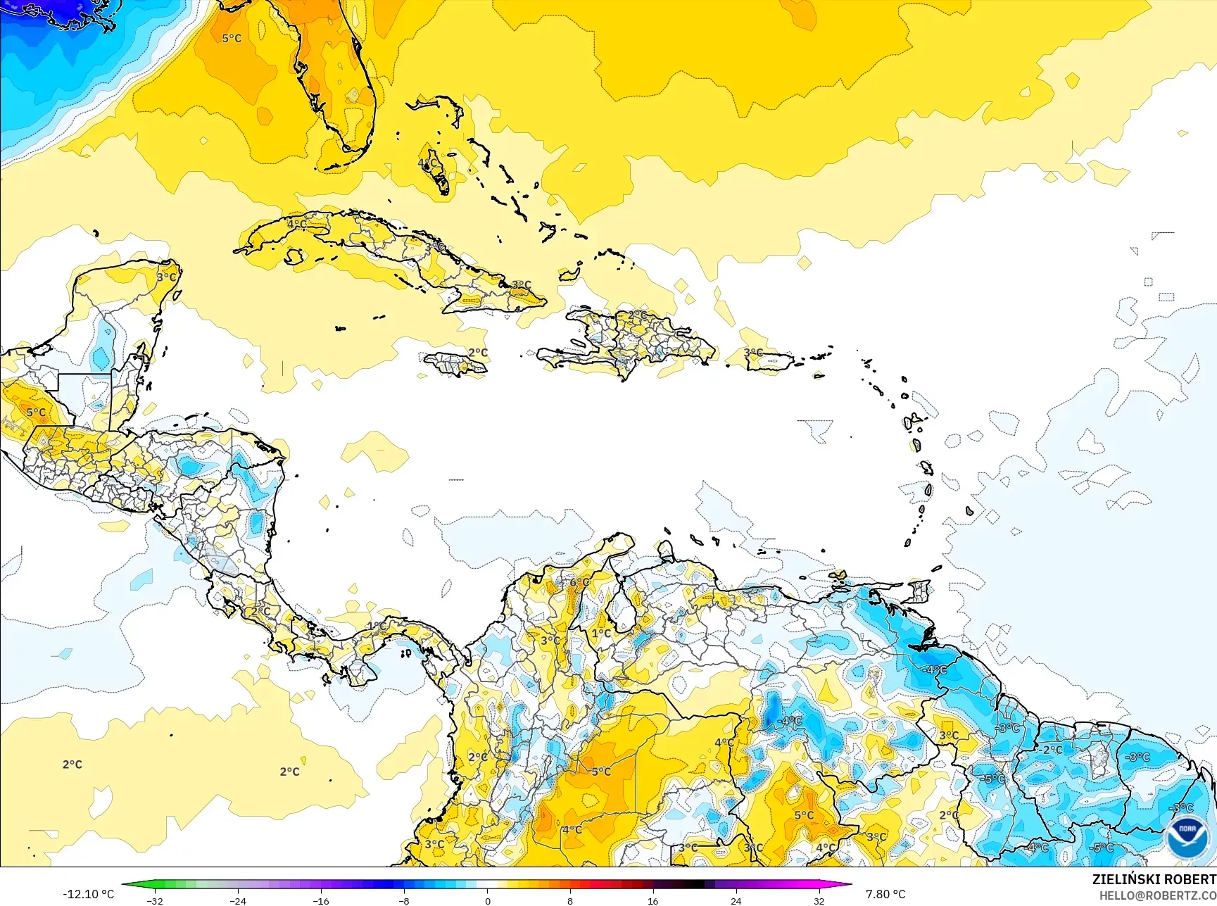 GFS モデル - カリブ海, 気温異常（2m）
