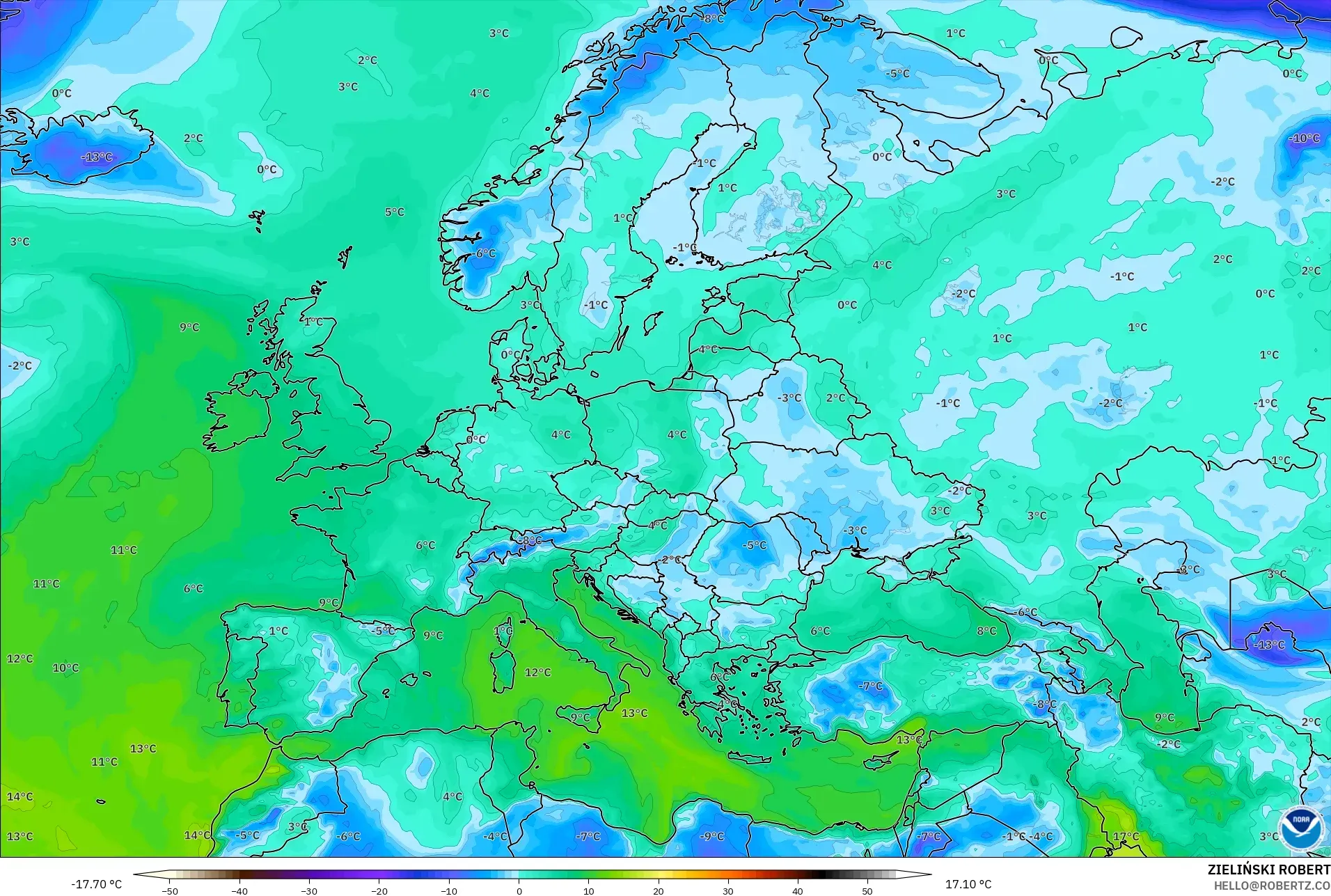 GFS モデル - ヨーロッパ, 露点温度（2m）
