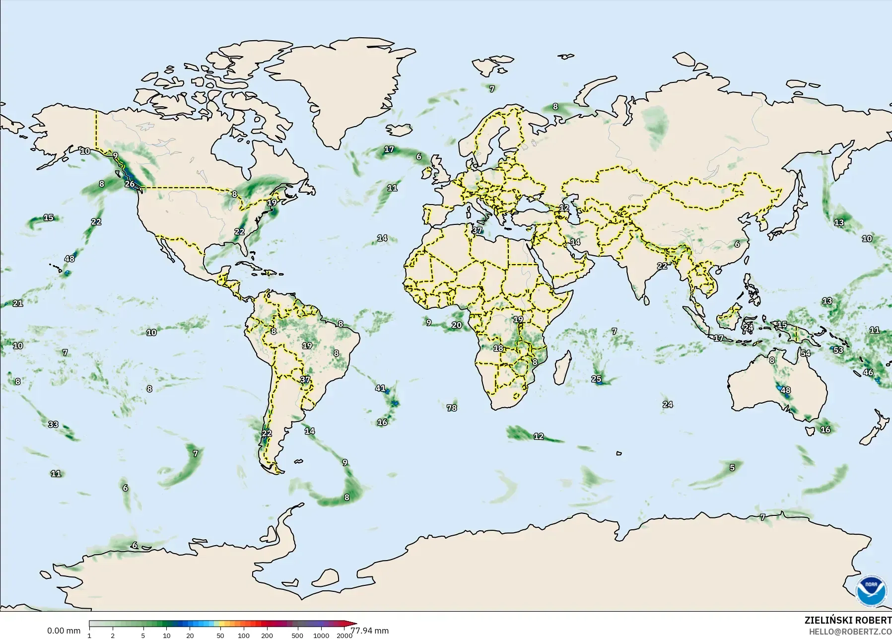 GFS モデル - 世界, 降水量の合計