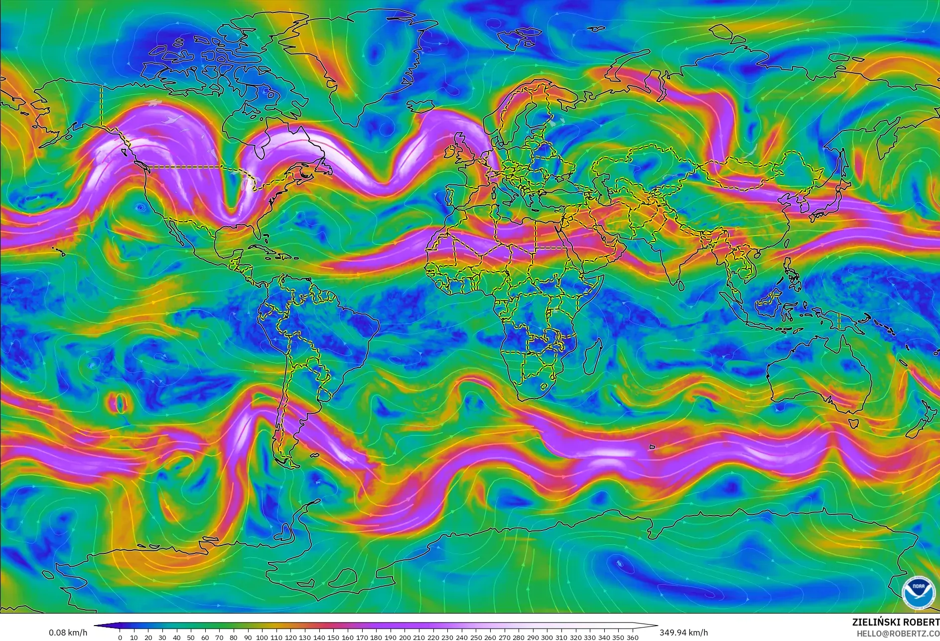 GFS モデル - 世界, 風速（300hPa）