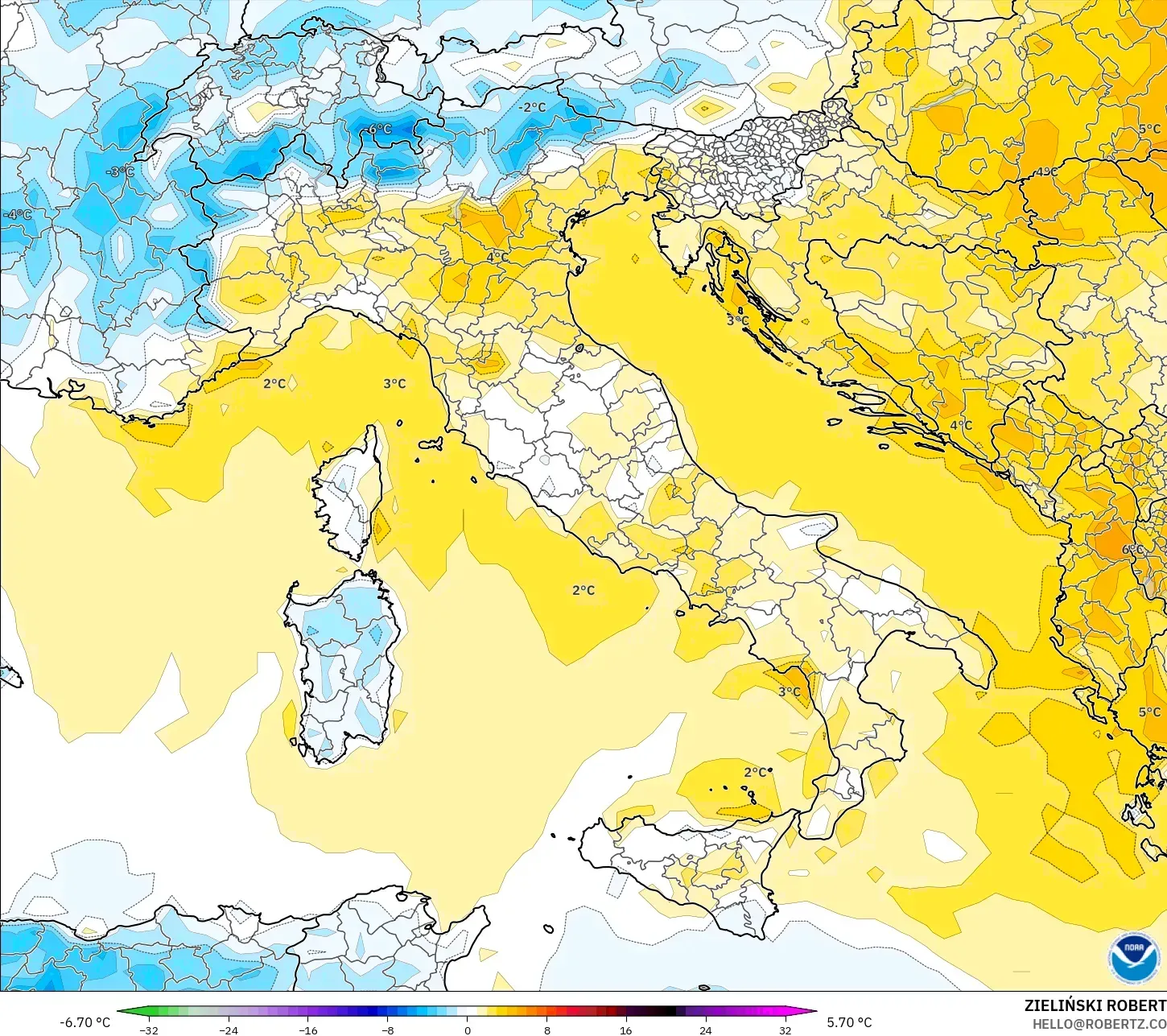 GFS モデル - イタリア, 気温異常（2m）