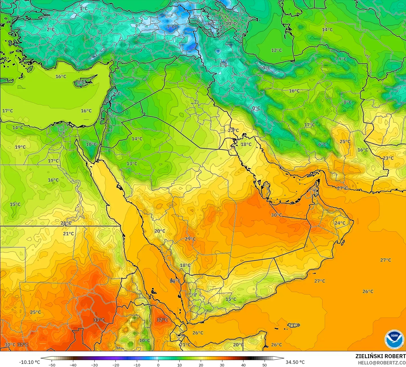 GFS モデル - 中東, 気温（2m）