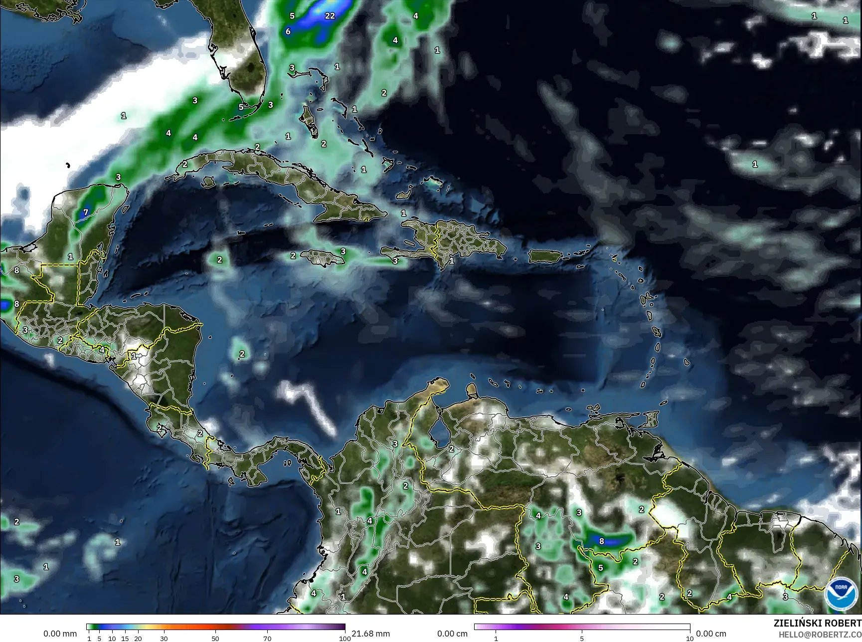GFS モデル - カリブ海, 降水量、雲、気圧