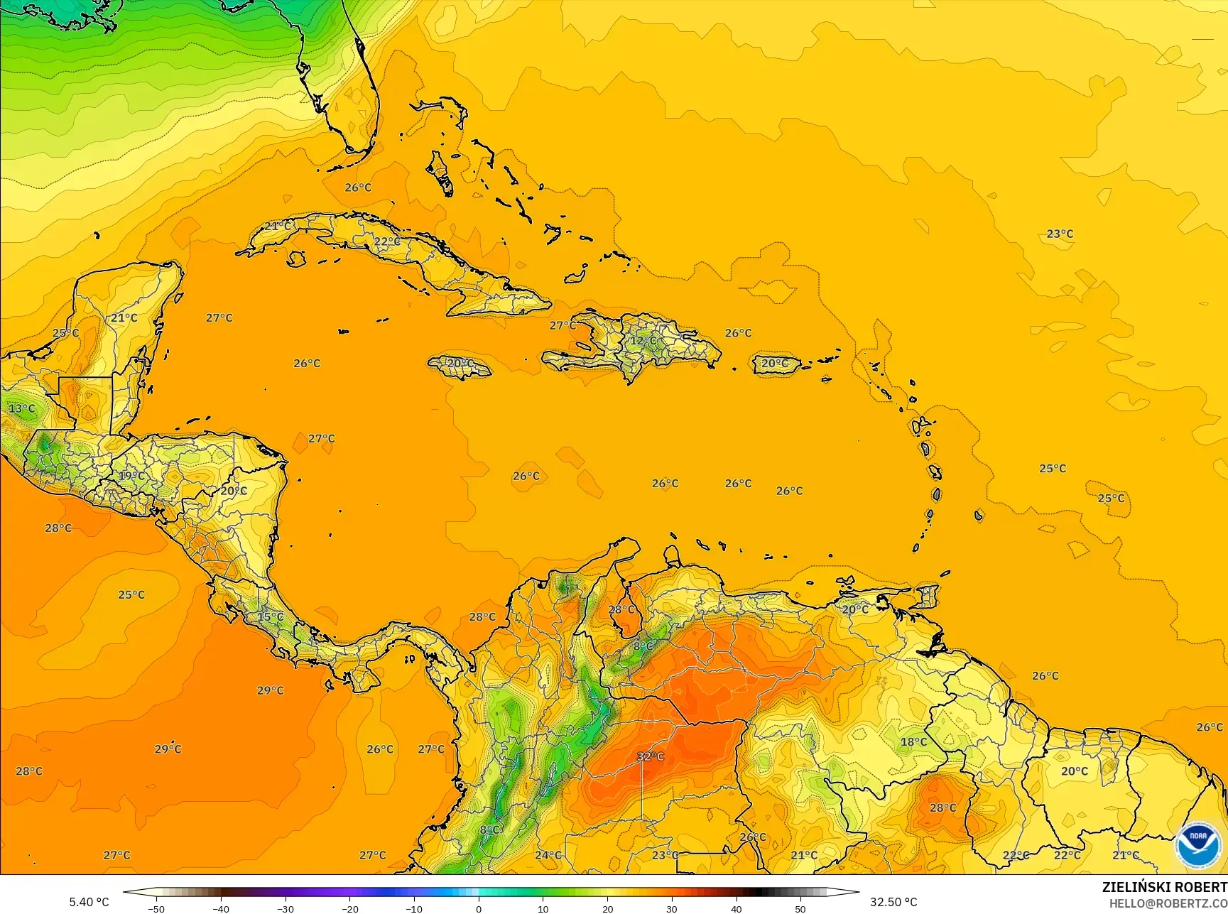 GFS モデル - カリブ海, 気温（2m）