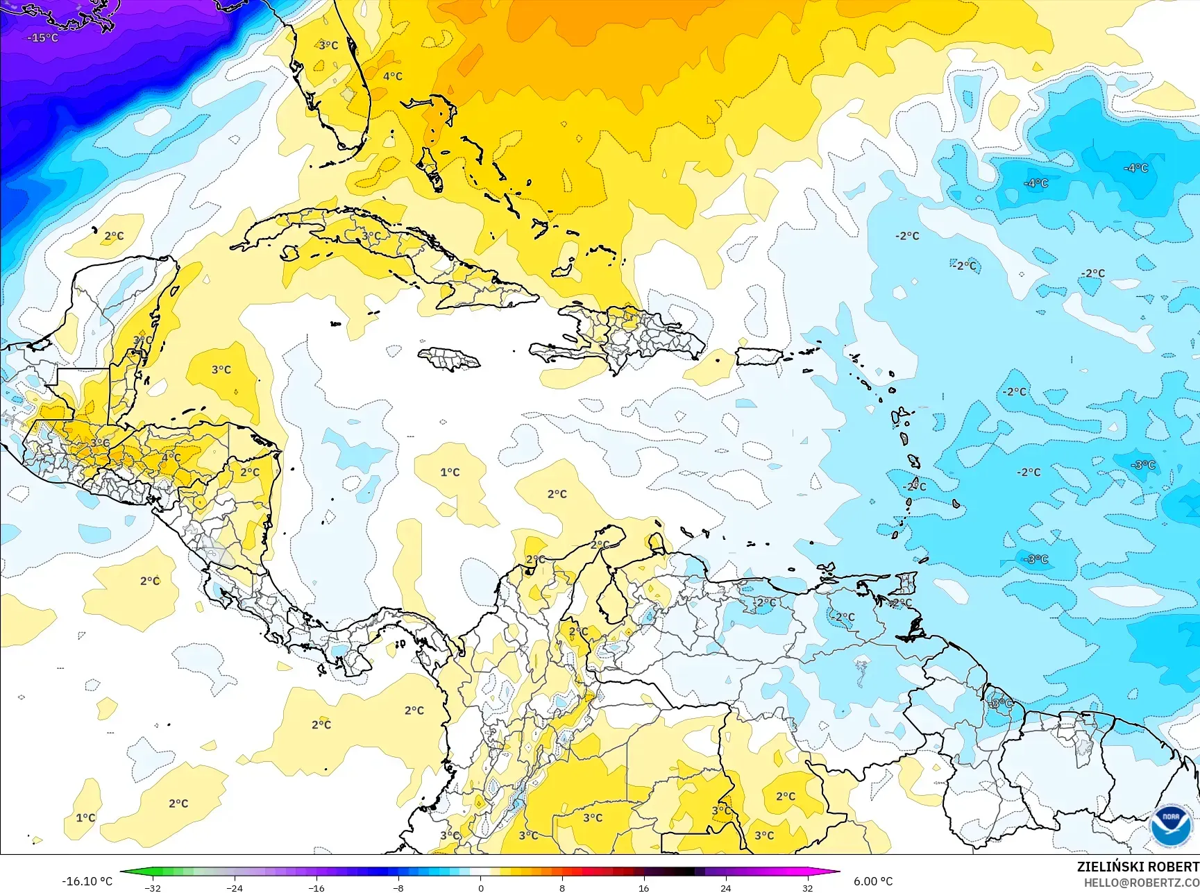 GFS モデル - カリブ海, 気温異常（850hPa）