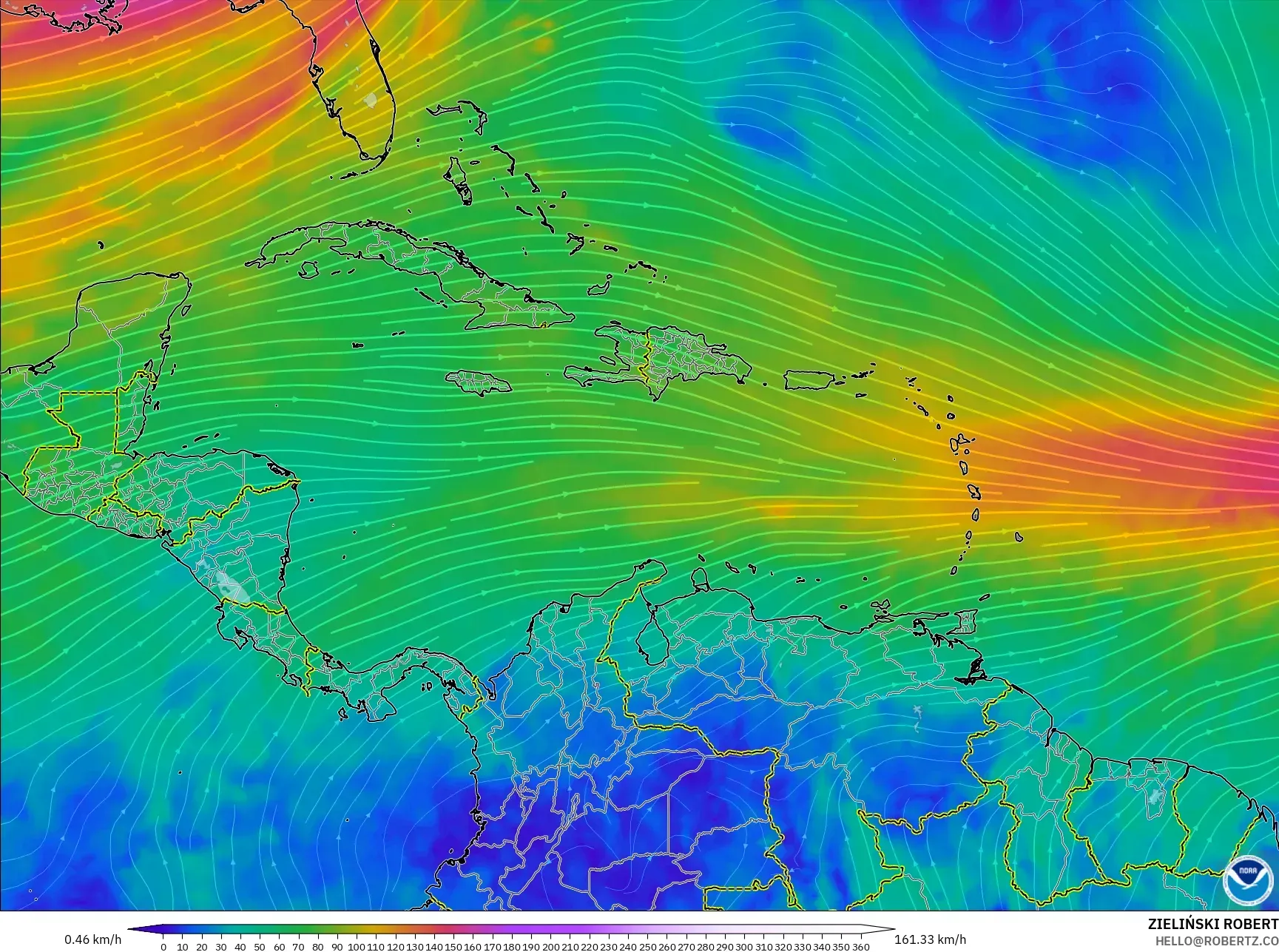 GFS モデル - カリブ海, 風速（300hPa）