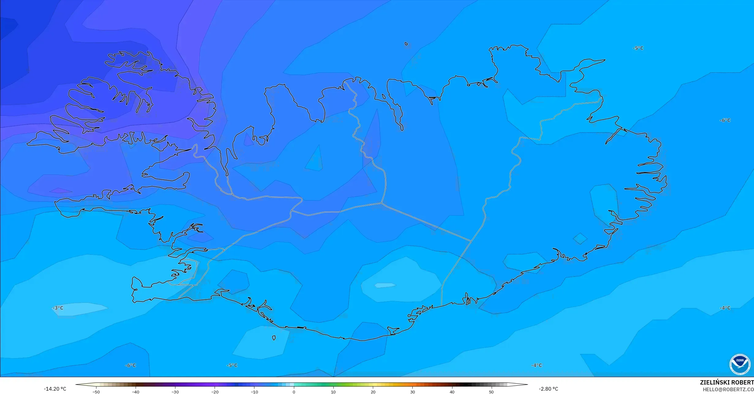 GFS モデル - アイスランド, 気温（850hPa）