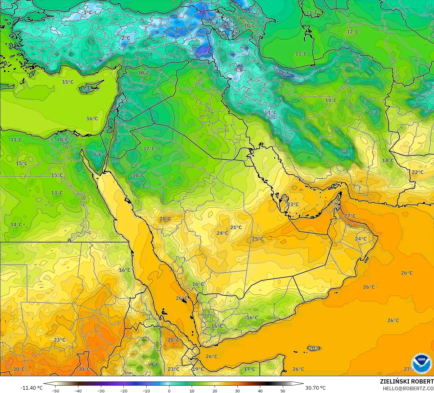 GFS モデル - 中東, 気温（2m）