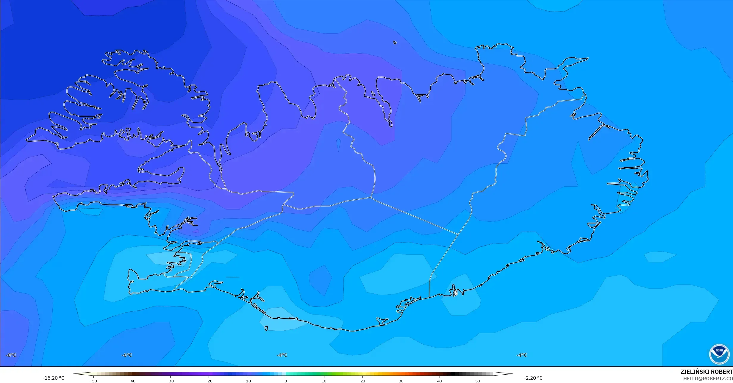 GFS モデル - アイスランド, 気温（850hPa）