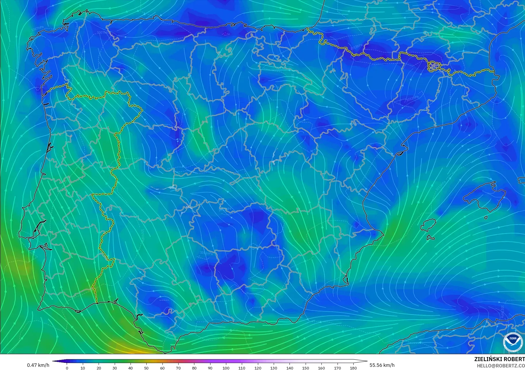 GFS モデル - スペイン, 風速（10m）