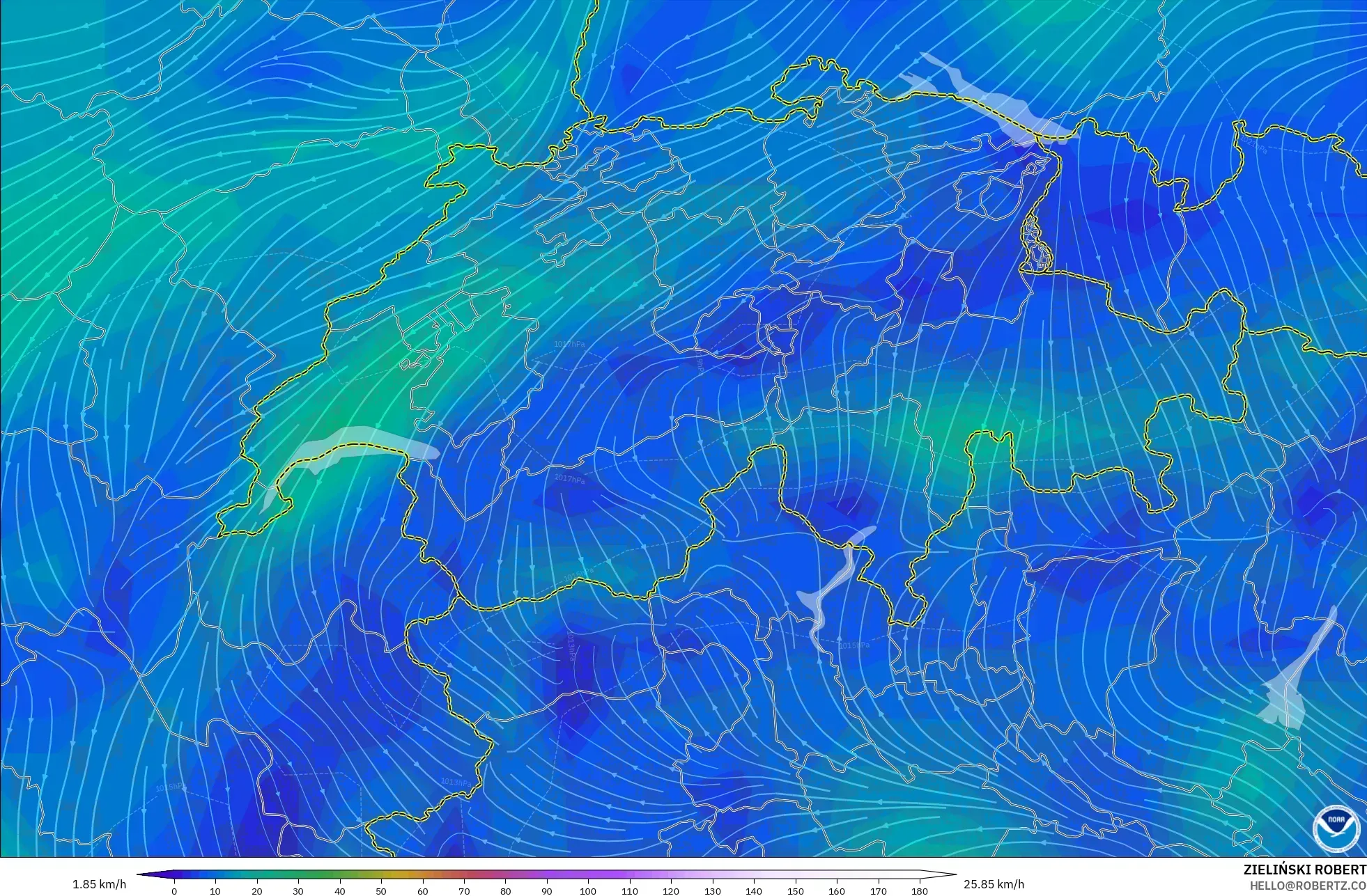 GFS モデル - スイス, 風速（10m）