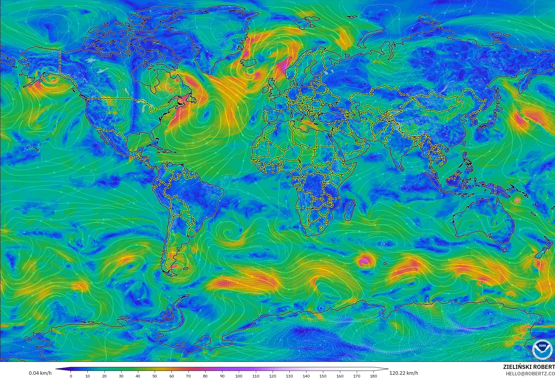 GFS モデル - 世界, 風速（10m）